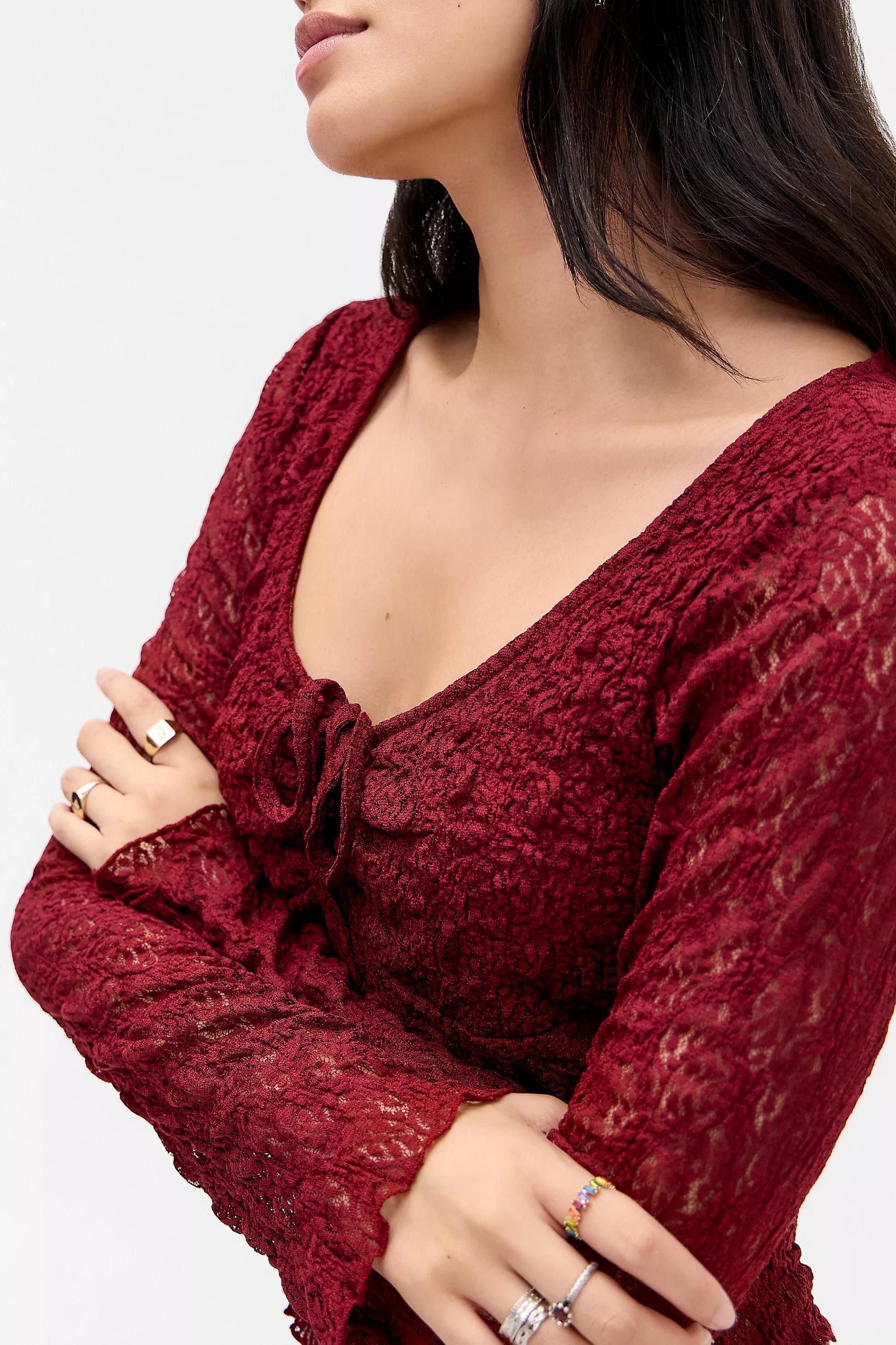 Red Kimchi Blue Quinn Lace Top, WINE, medium