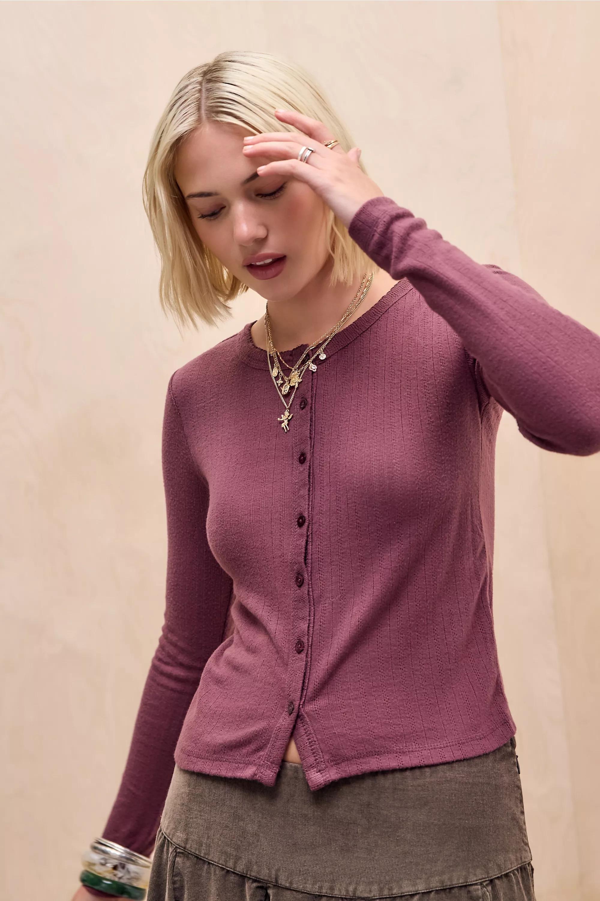 Brown Uo Love Thermal Pointelle Cardigan, CHOC, medium