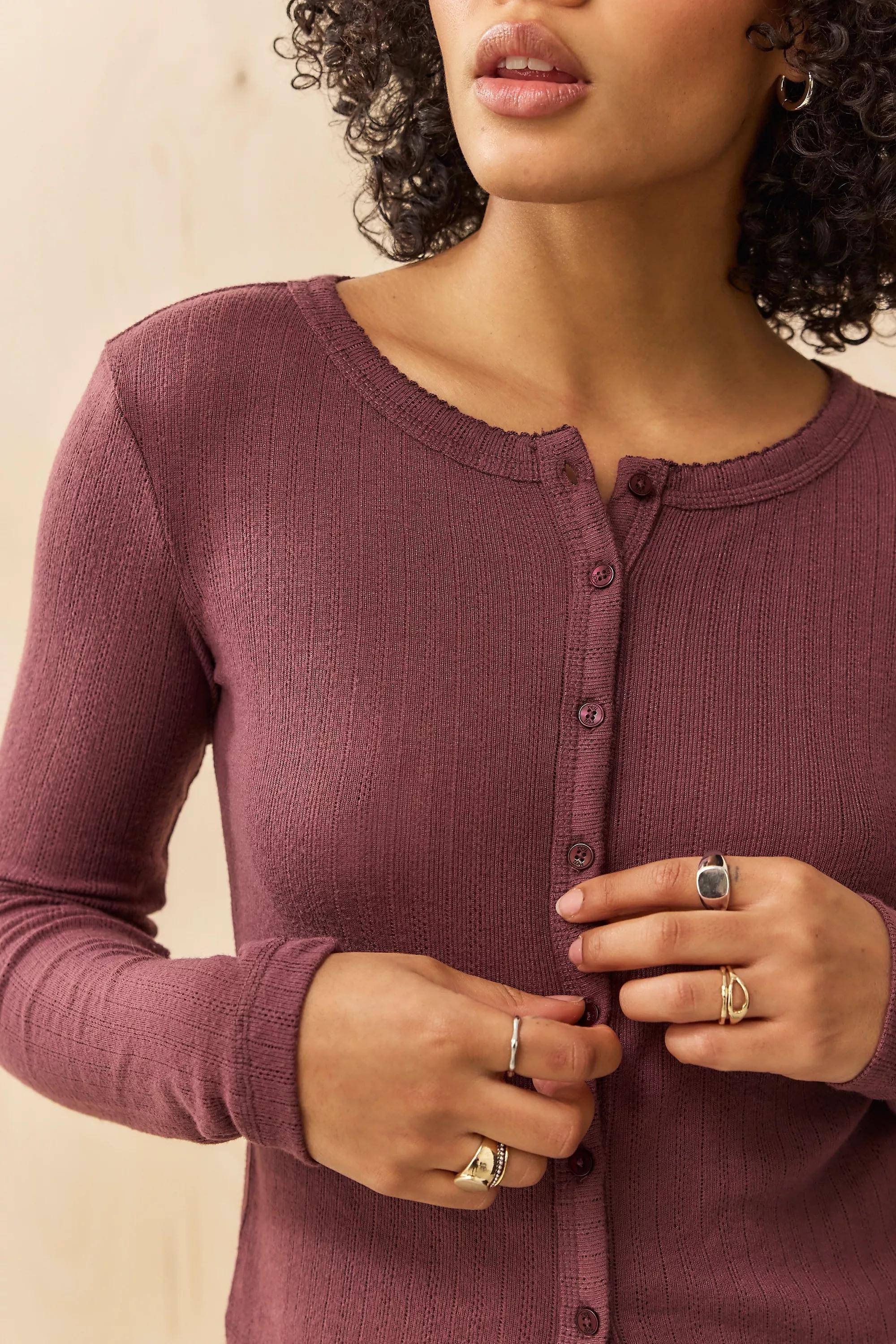 Brown Uo Love Thermal Pointelle Cardigan, , large image number 1