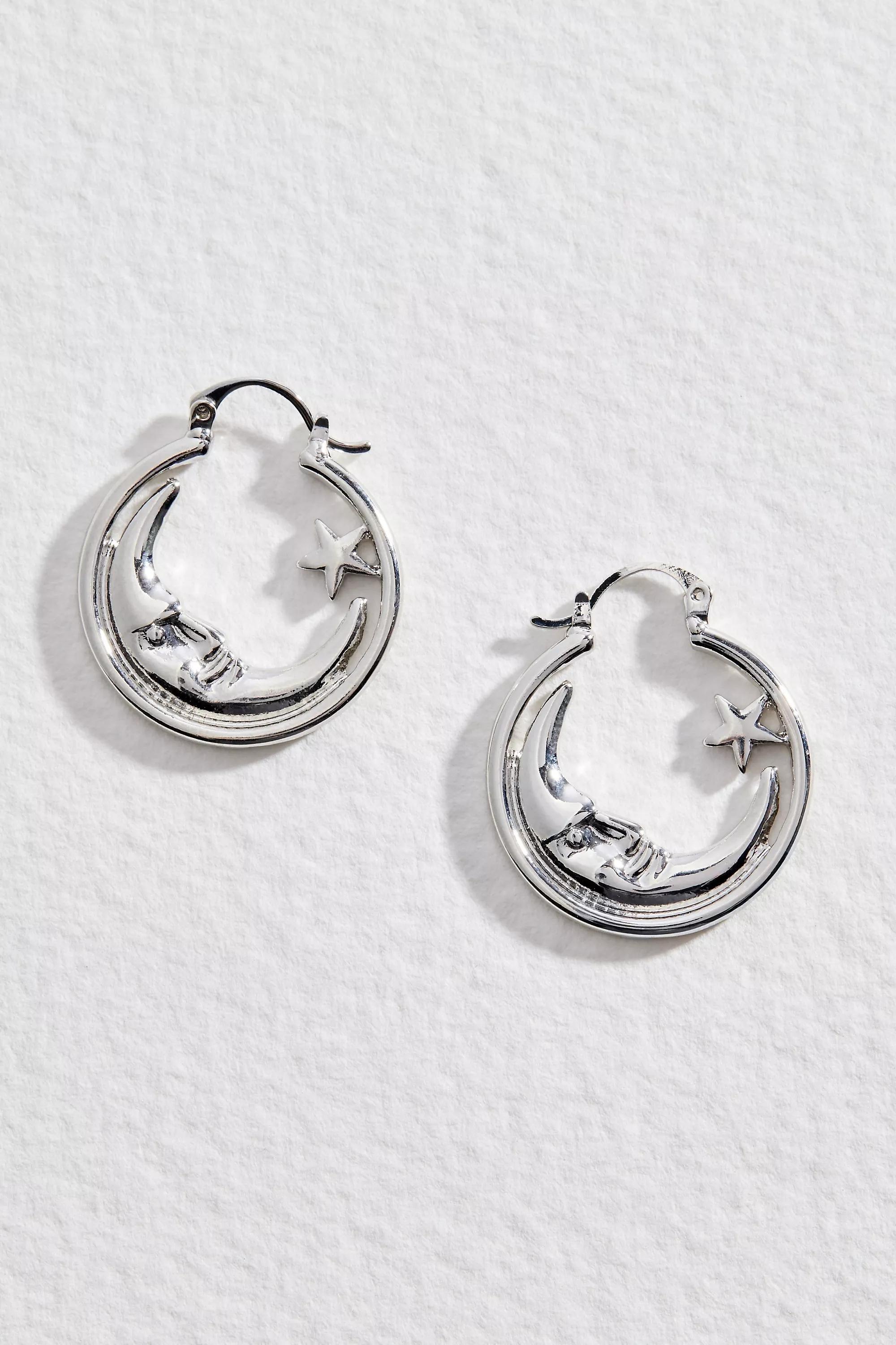 Silver Silence + Noise Moon And Star Silver Hoop Earrings, SLVR, large image number 0