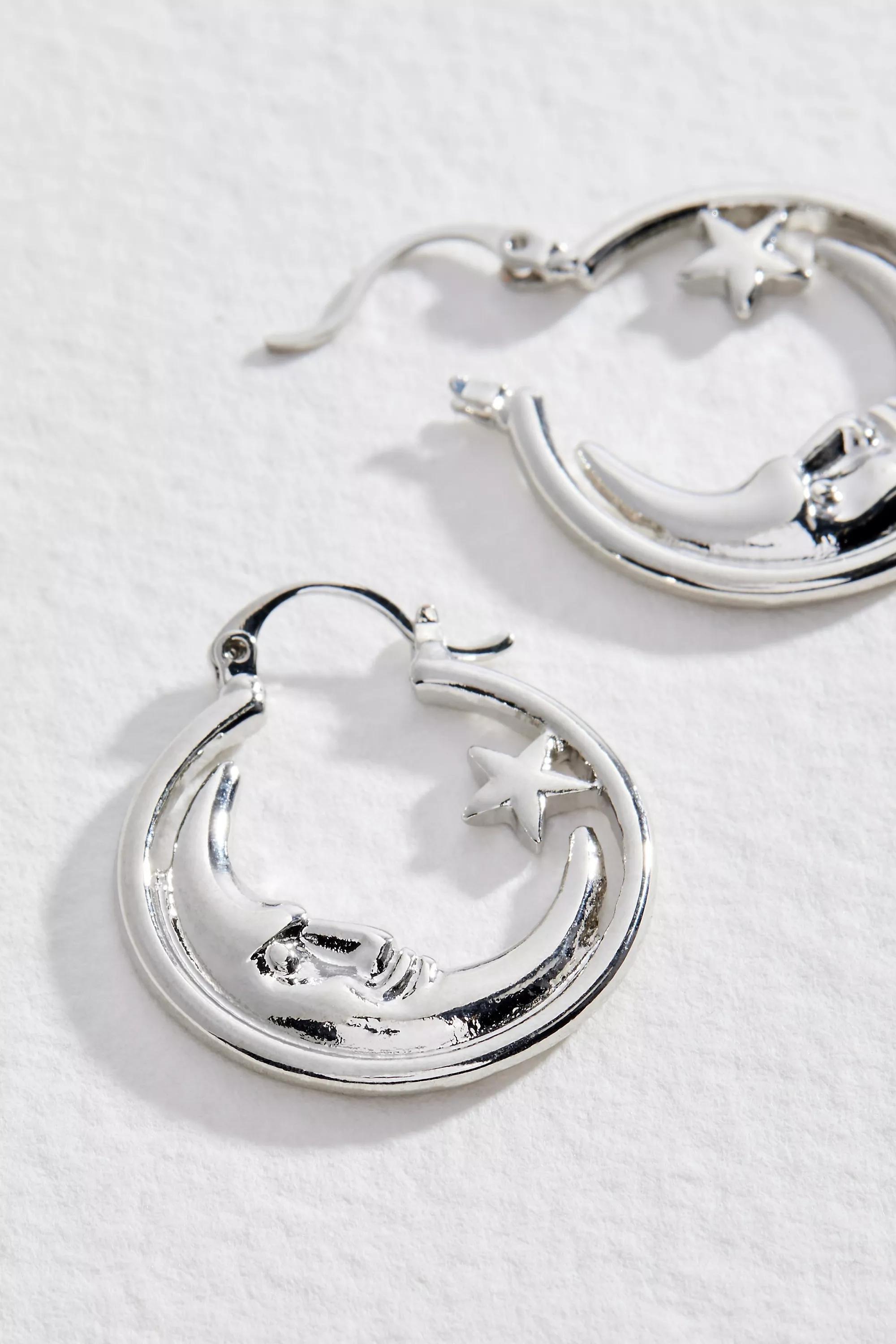 Silver Silence + Noise Moon And Star Silver Hoop Earrings, SLVR, large image number 1