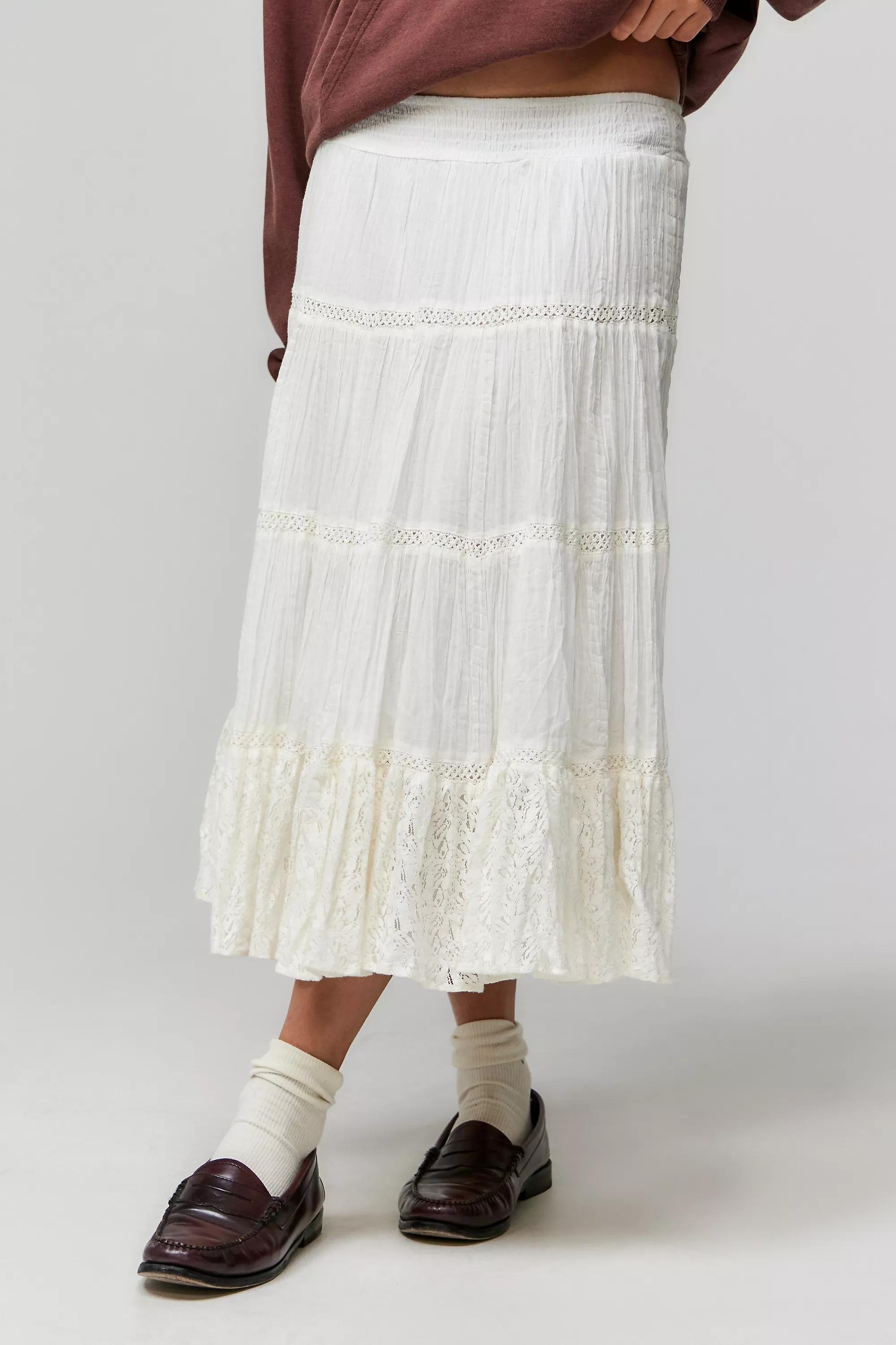 Beige Kimchi Blue Isla Crinkle Lace Midi Skirt, , large image number 0
