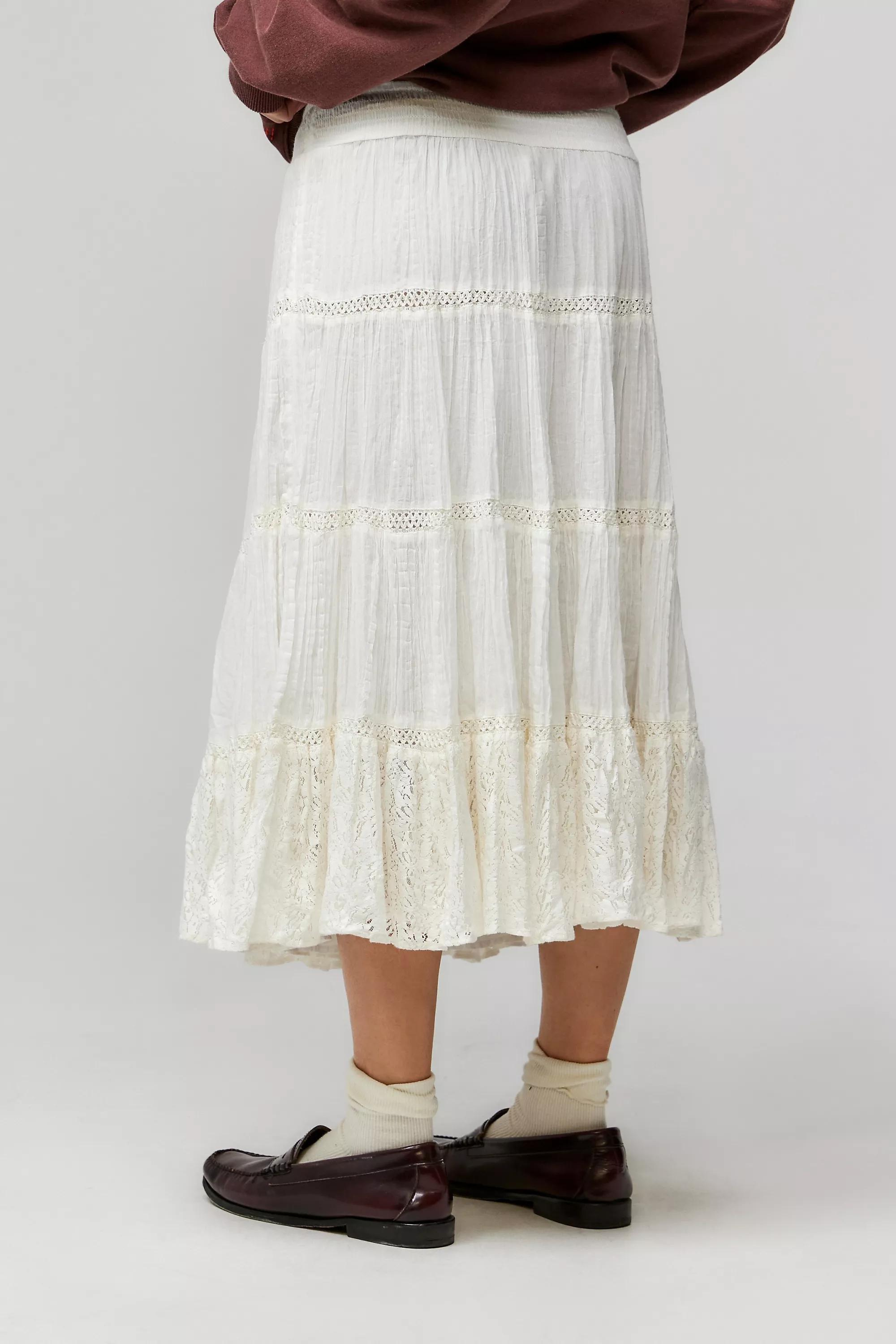 Beige Kimchi Blue Isla Crinkle Lace Midi Skirt, , large image number 3