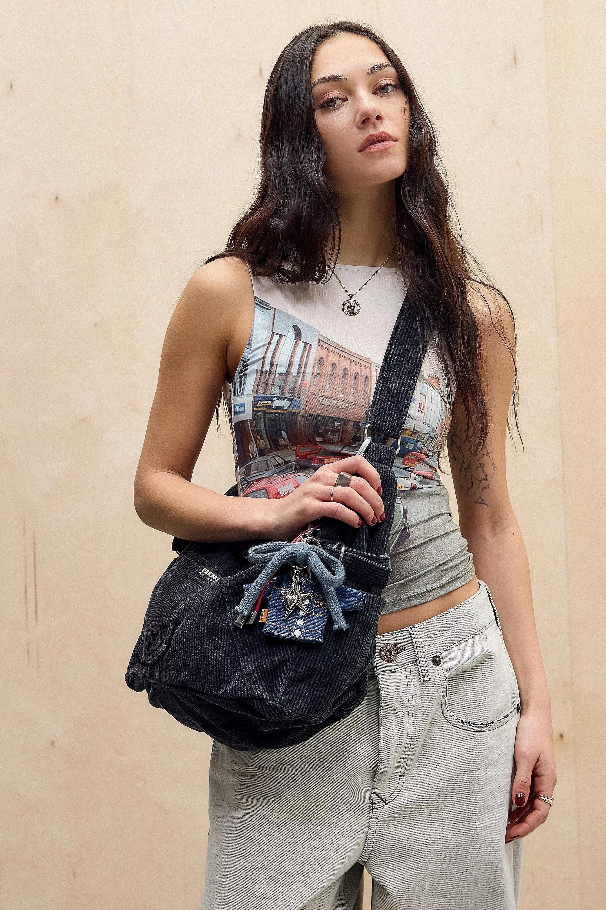 Black Bdg Corduroy Patchwork Sling Bag, BLK, large image number 0