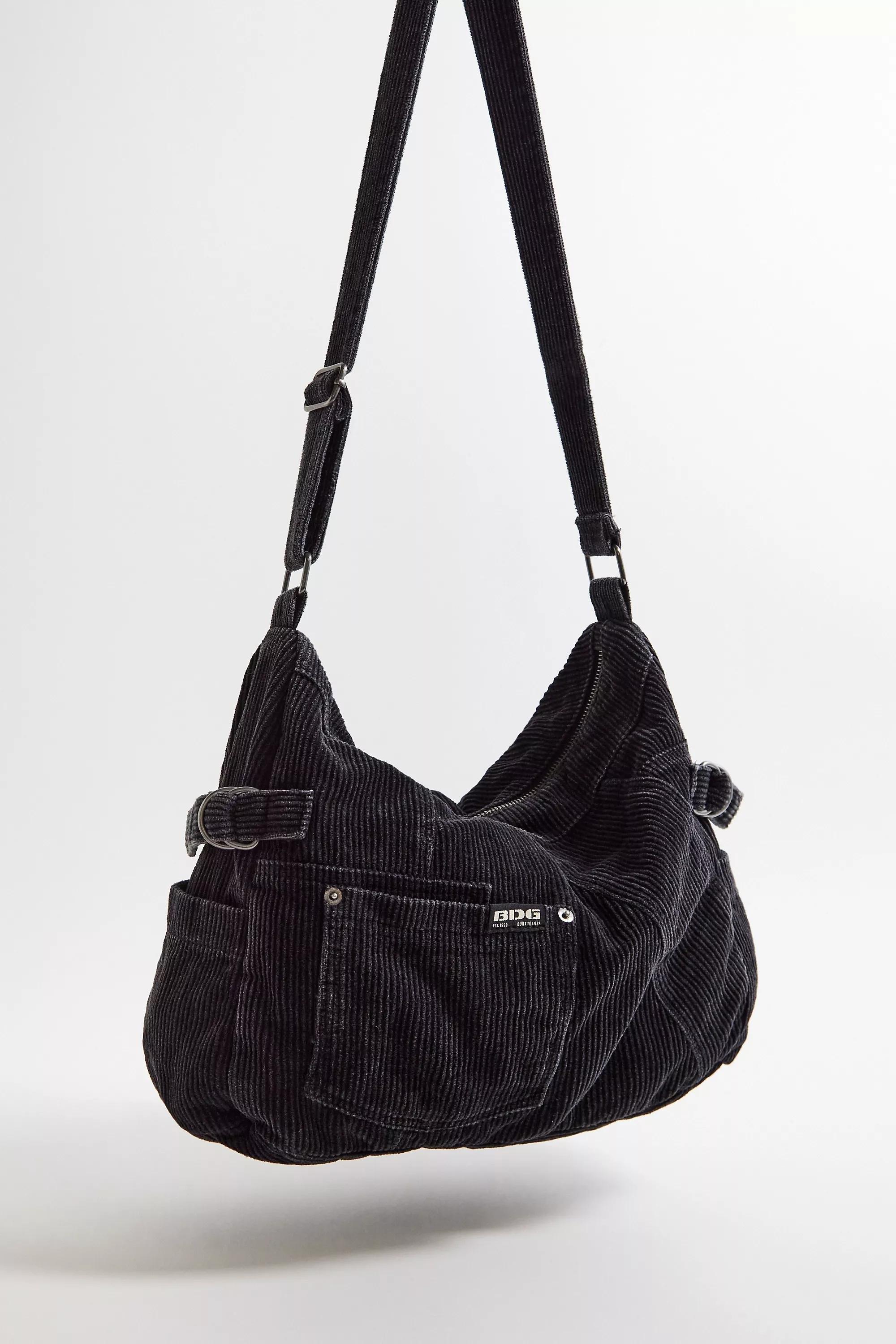 Black Bdg Corduroy Patchwork Sling Bag, BLK, large image number 1