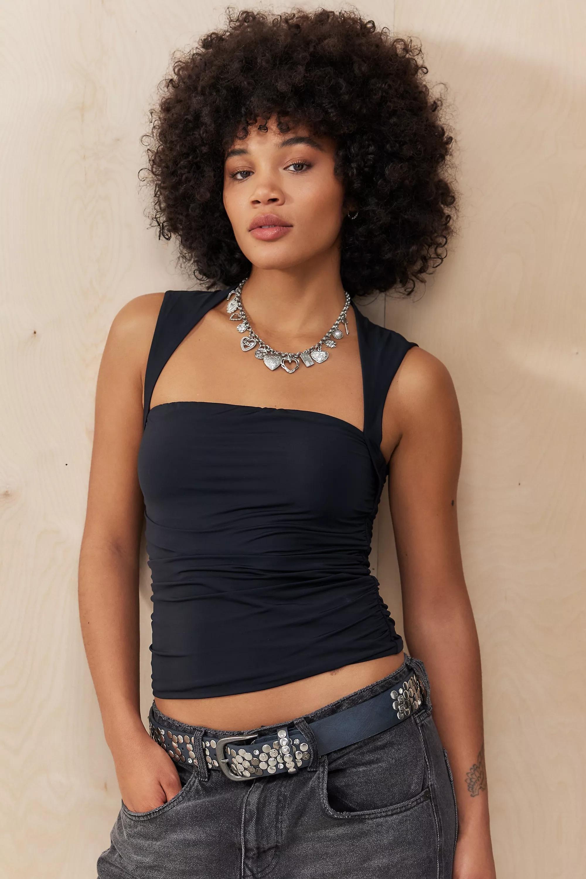 Black Silence + Noise Bailey Ruched Square Neck Top, , large image number 1