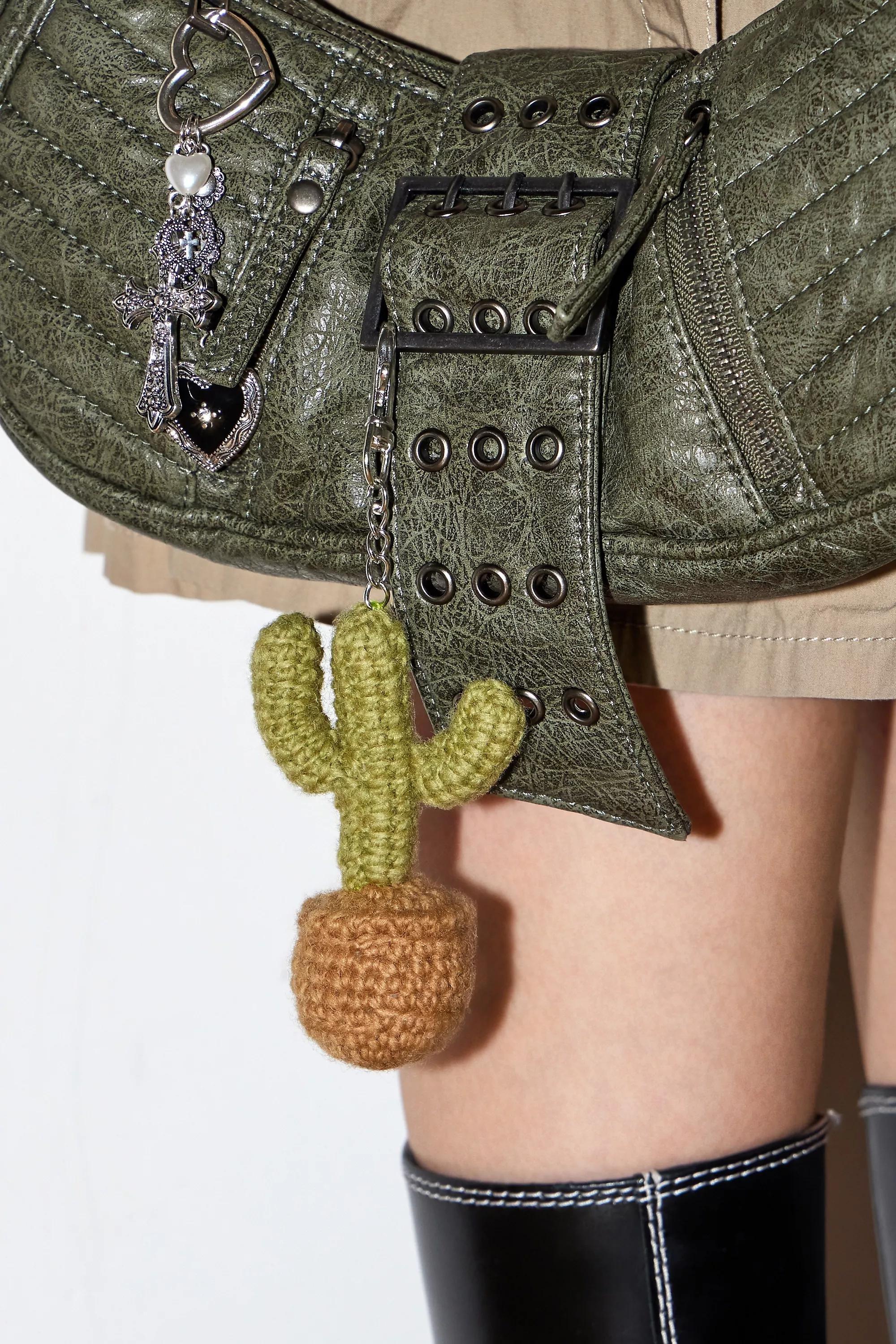 Green Uo Knitted Cactus Keyring, , medium