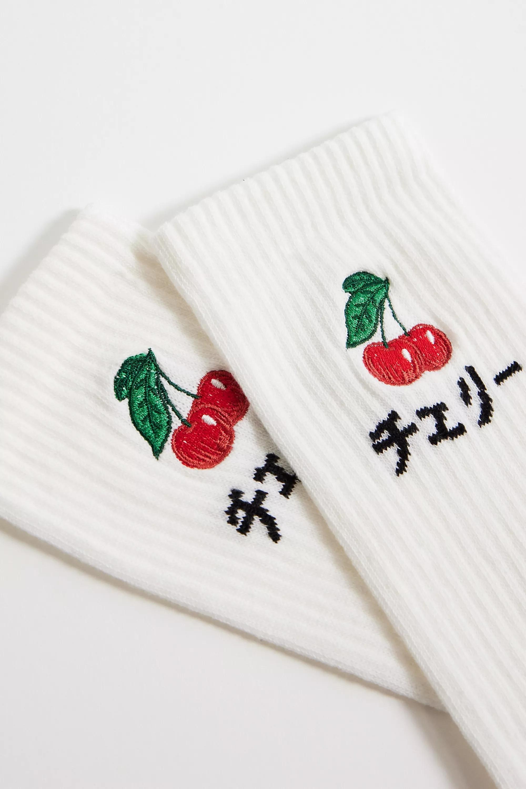 White Cherry Embroidered Socks, WHT, large image number 1