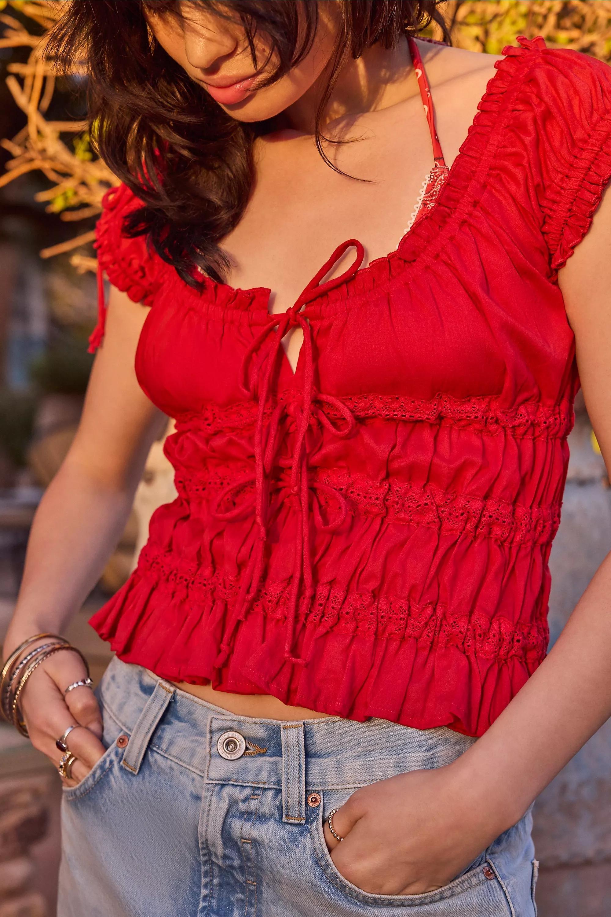 Red Kimchi Blue Tie Front Blouse, DK RED, medium