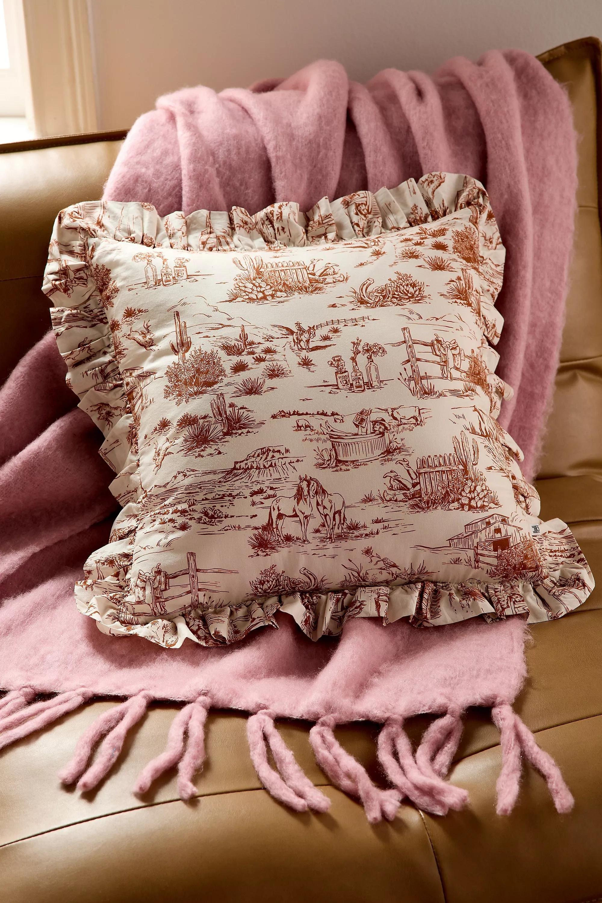 Brown Western Toile Ruffle Cushion, NEUTR, large image number 0