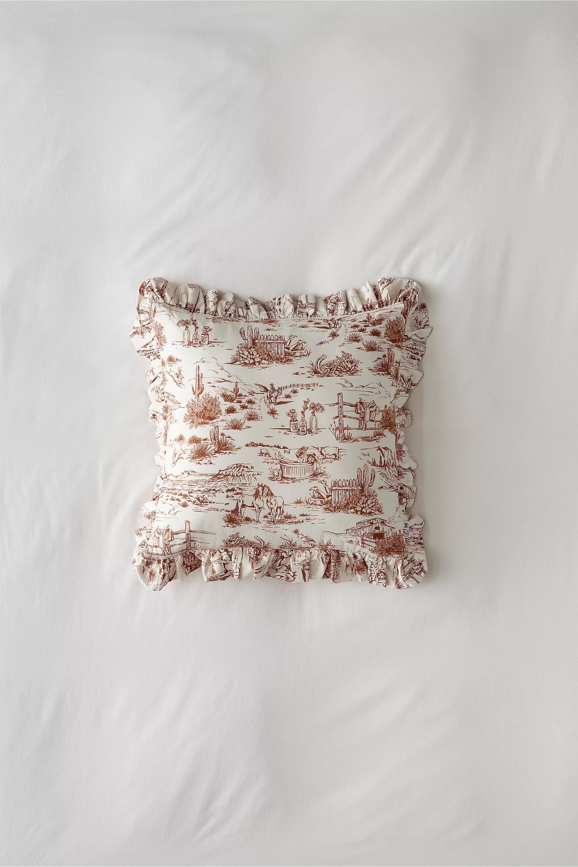 Brown Western Toile Ruffle Cushion, NEUTR, large image number 1