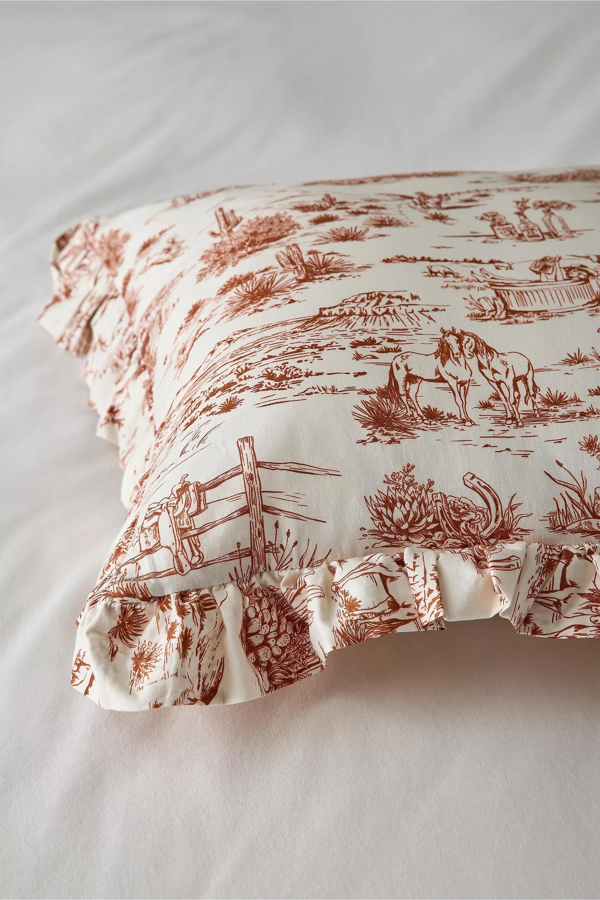 Brown Western Toile Ruffle Cushion, NEUTR, large image number 2