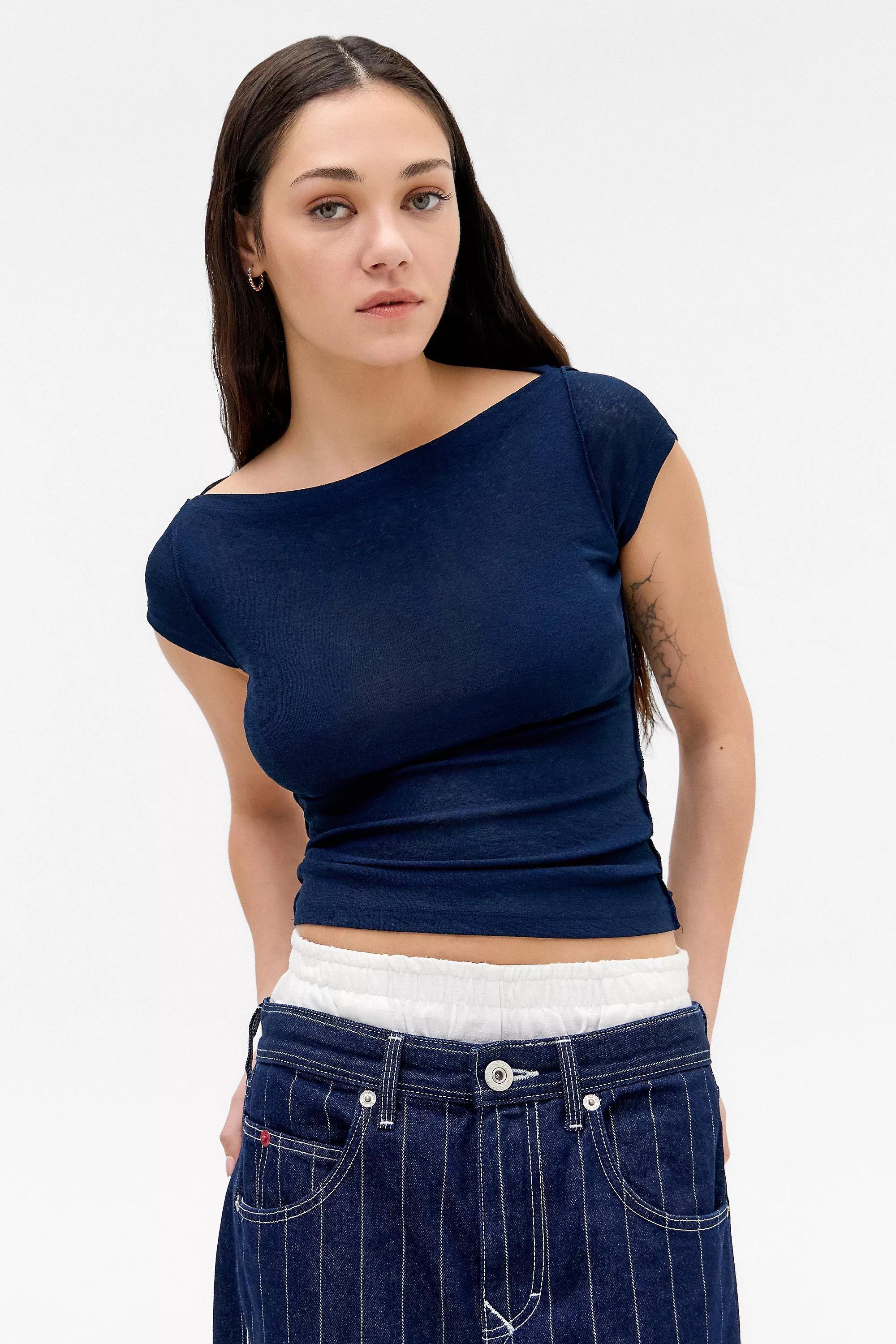 Navy Short Sleeve Slash Top, NAVY, large image number 0