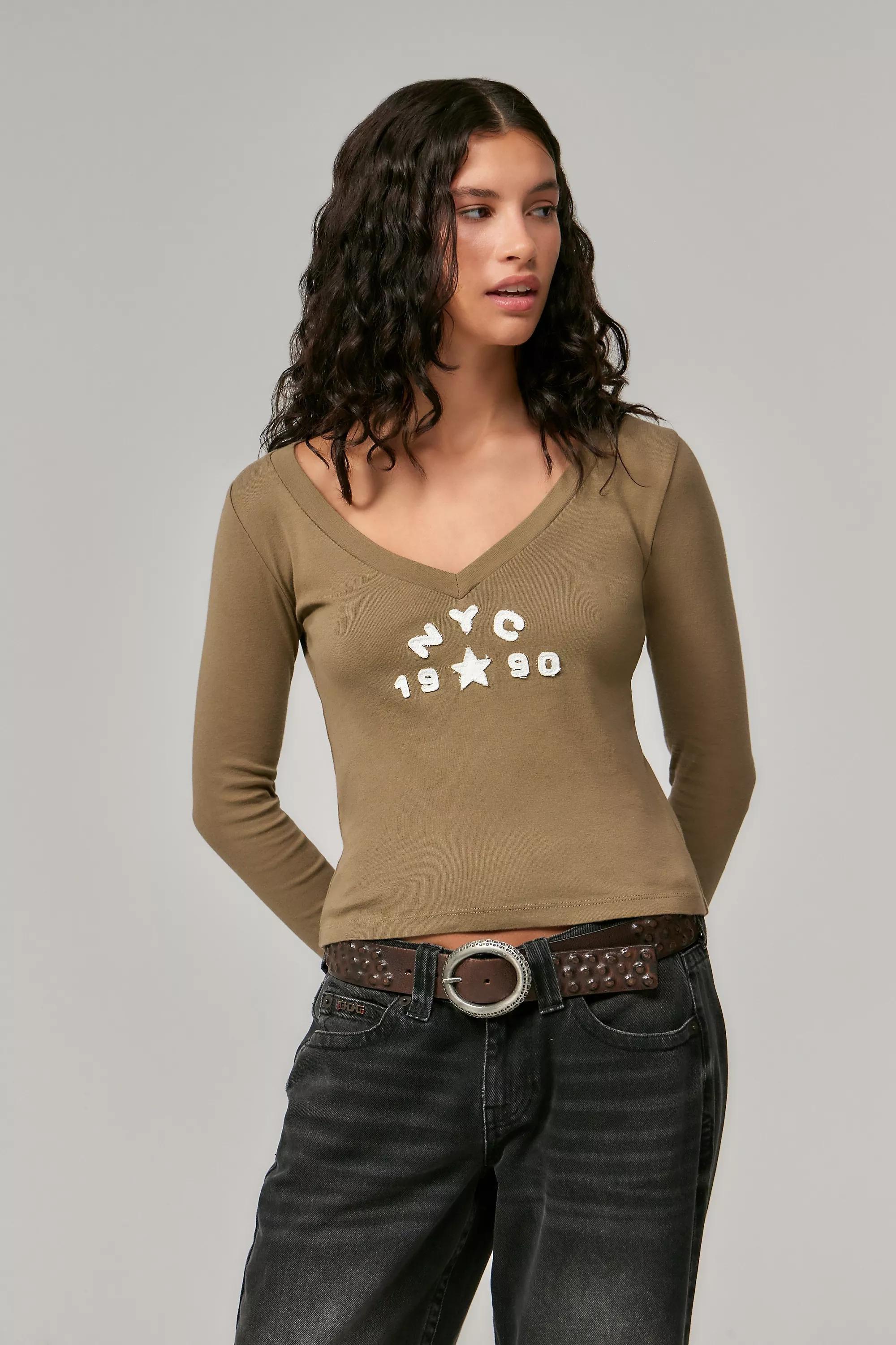 Khaki Bdg Nyc Applique Long Sleeve T-Shirt, , large image number 1