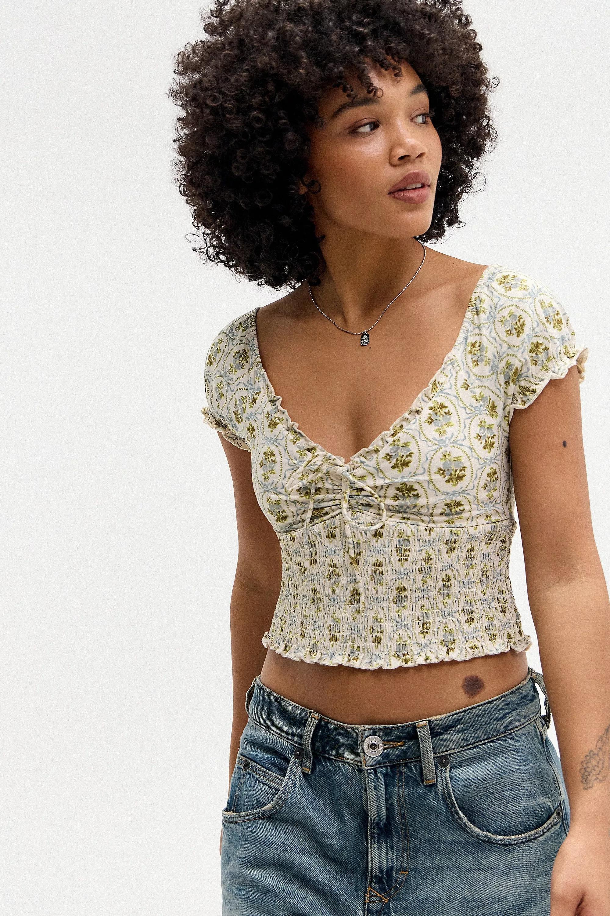 Cream Kimchi Printed Cap Sleeve Top, , large image number 0