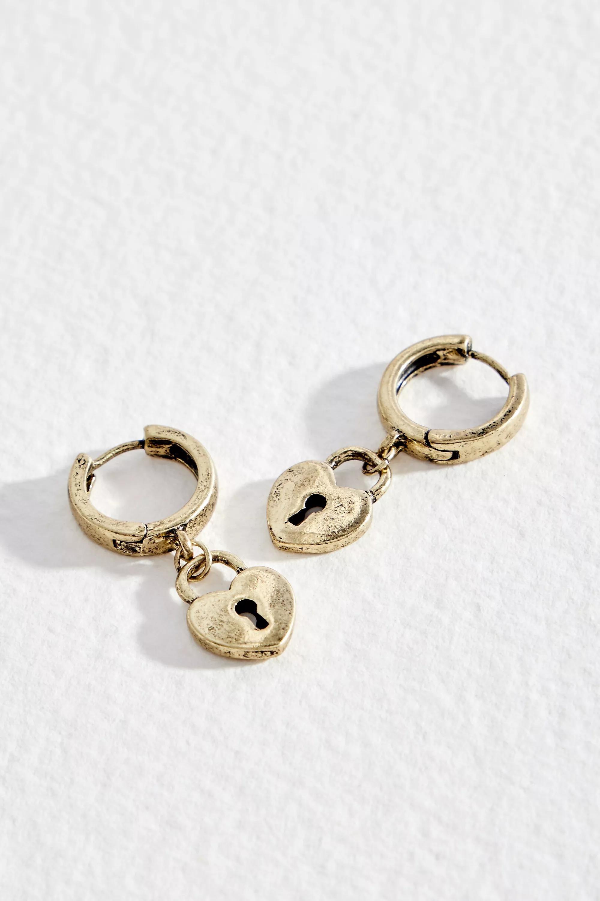 Gold Silence + Noise Padlock Drop Hoop Earrings, GOLD, large image number 1