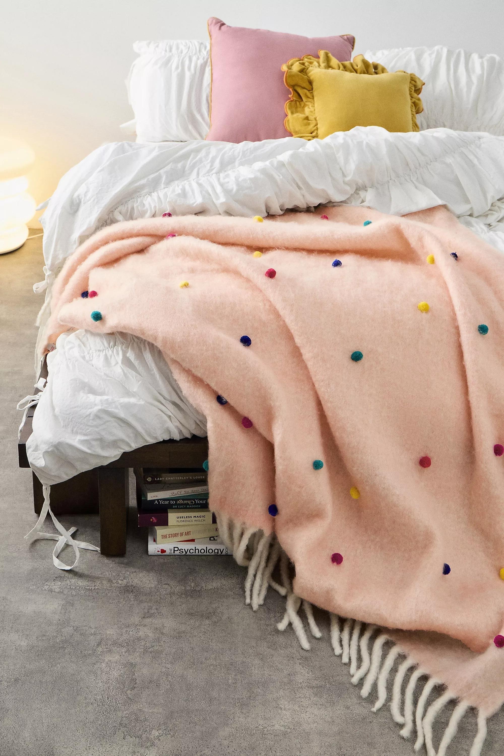 Pink  Pom-Pom Cosy Throw, PINK, large image number 1
