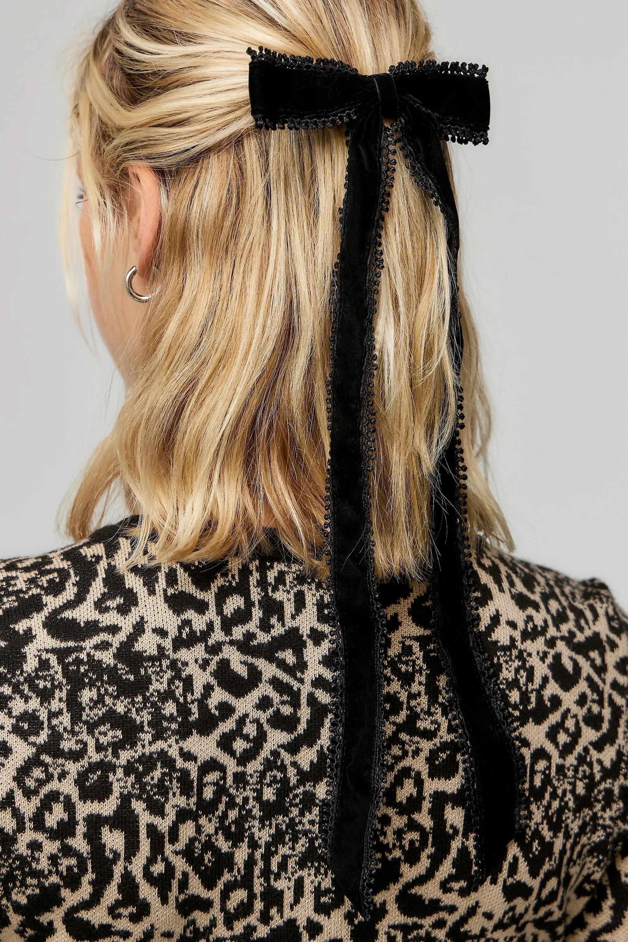 Black Velvet Hair Bow, BLK, large image number 0