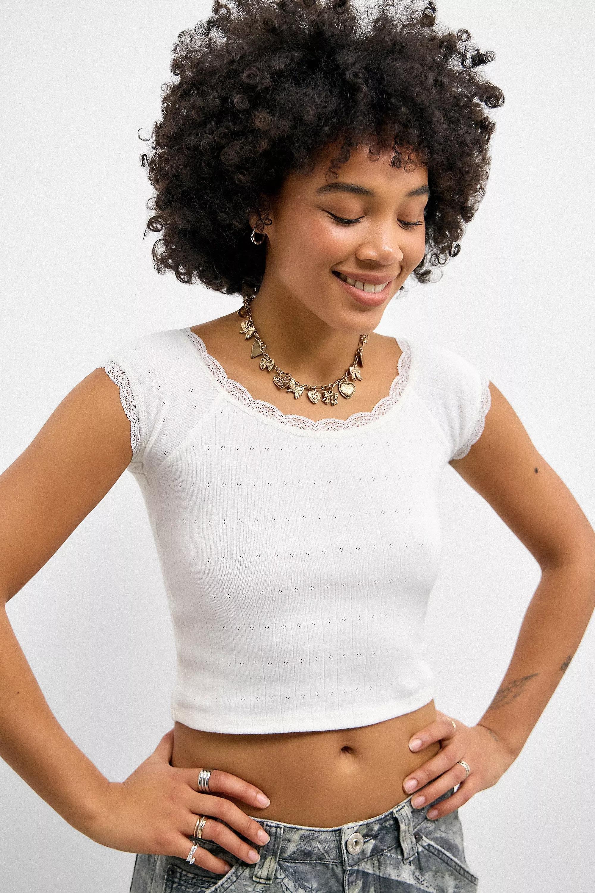 White Kimchi Blue Plain Pointelle Top, , large image number 1
