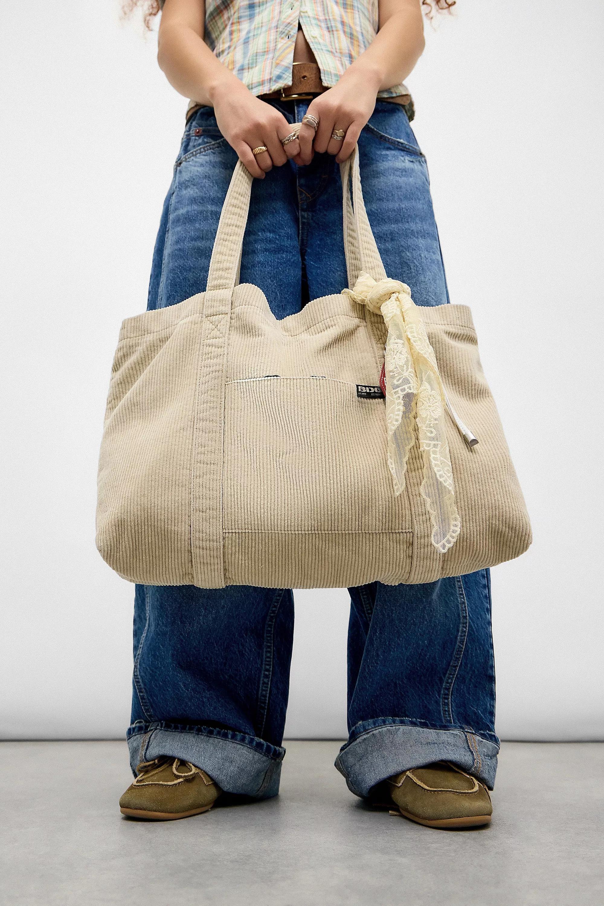 Beige Bdg Tab Pocket Corduroy Tote Bag, NEUTR, large image number 0