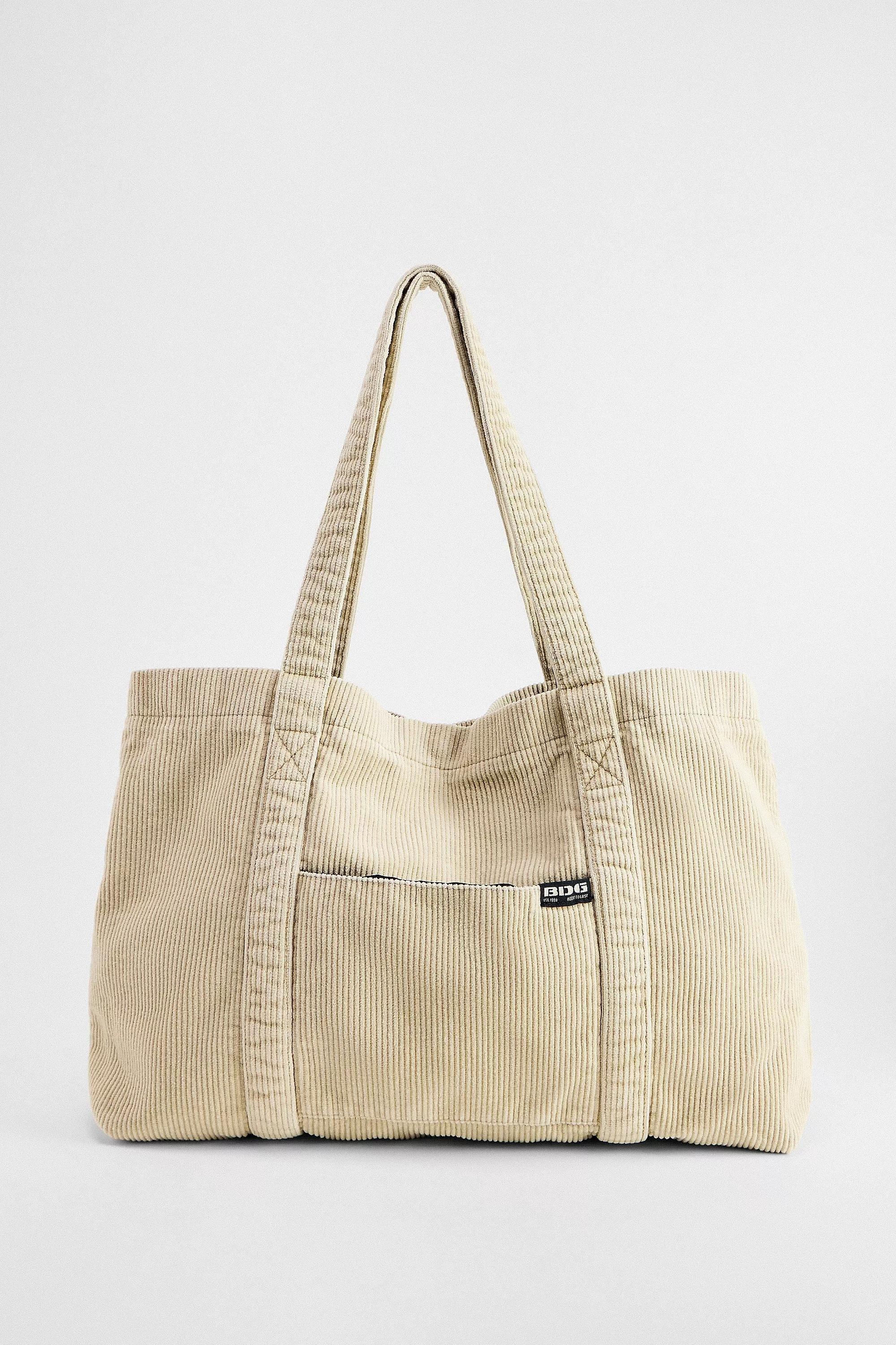Beige Bdg Tab Pocket Corduroy Tote Bag, NEUTR, medium