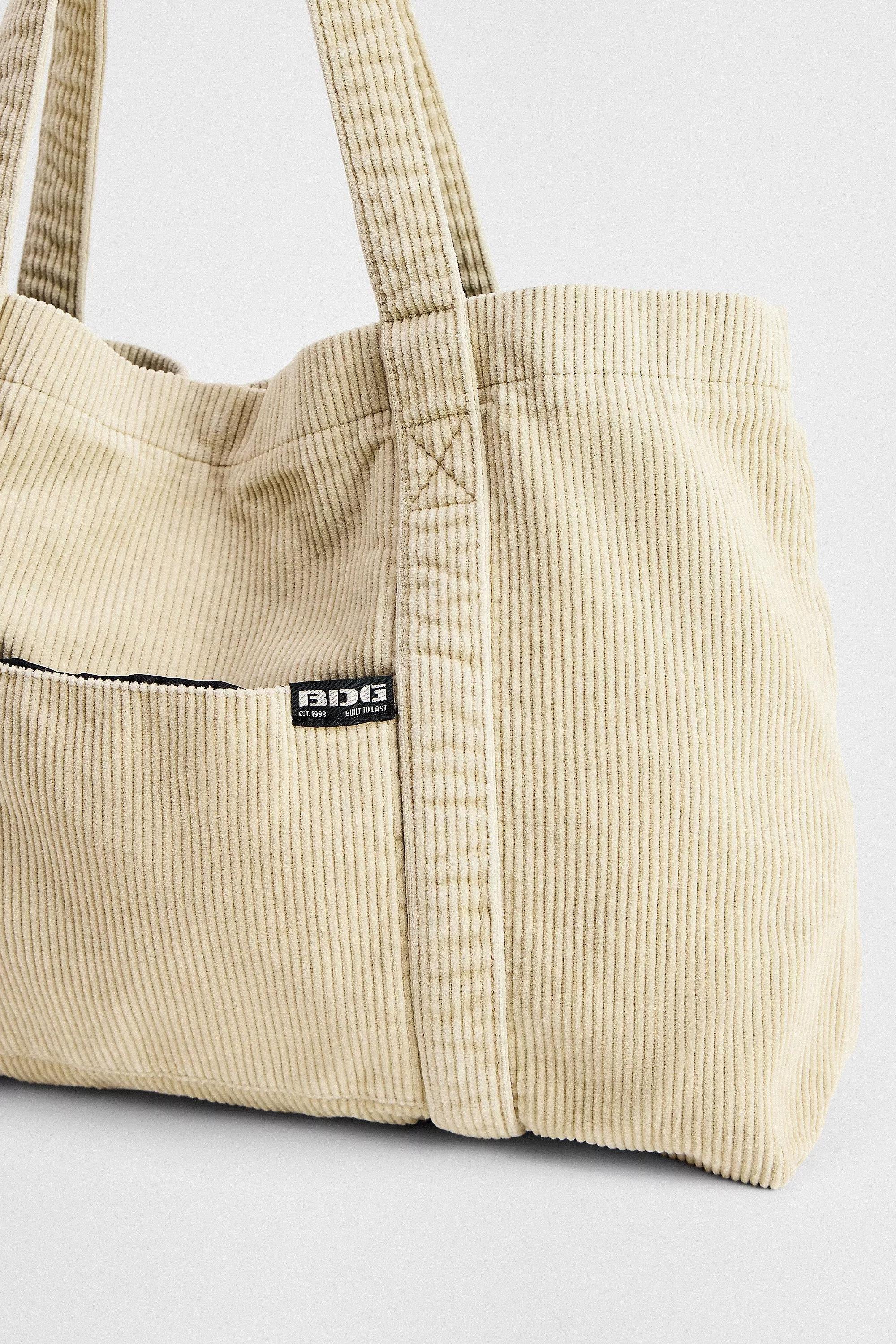 Beige Bdg Tab Pocket Corduroy Tote Bag, NEUTR, medium