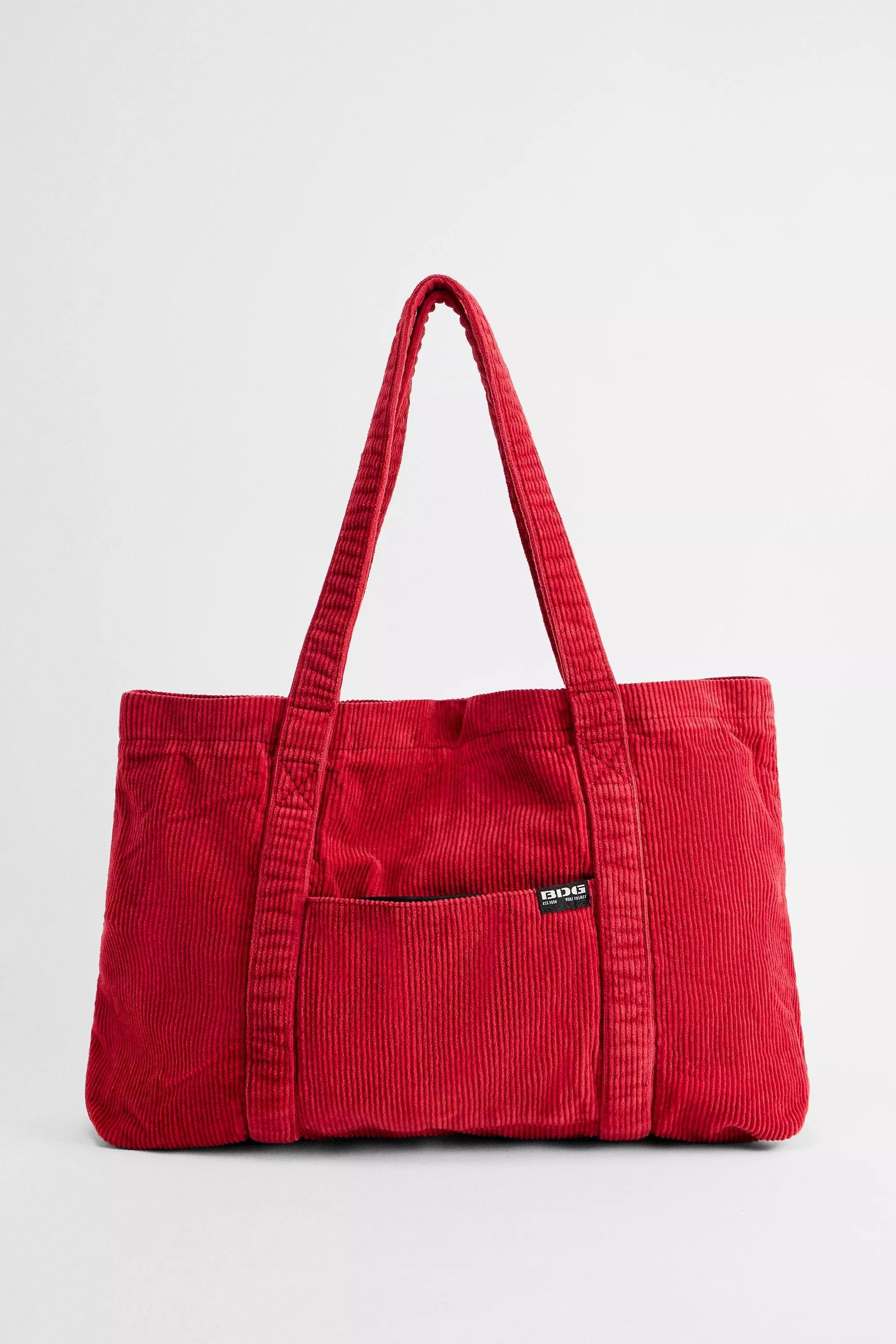 Red Bdg Tab Pocket Corduroy Tote Bag, CRIM, medium