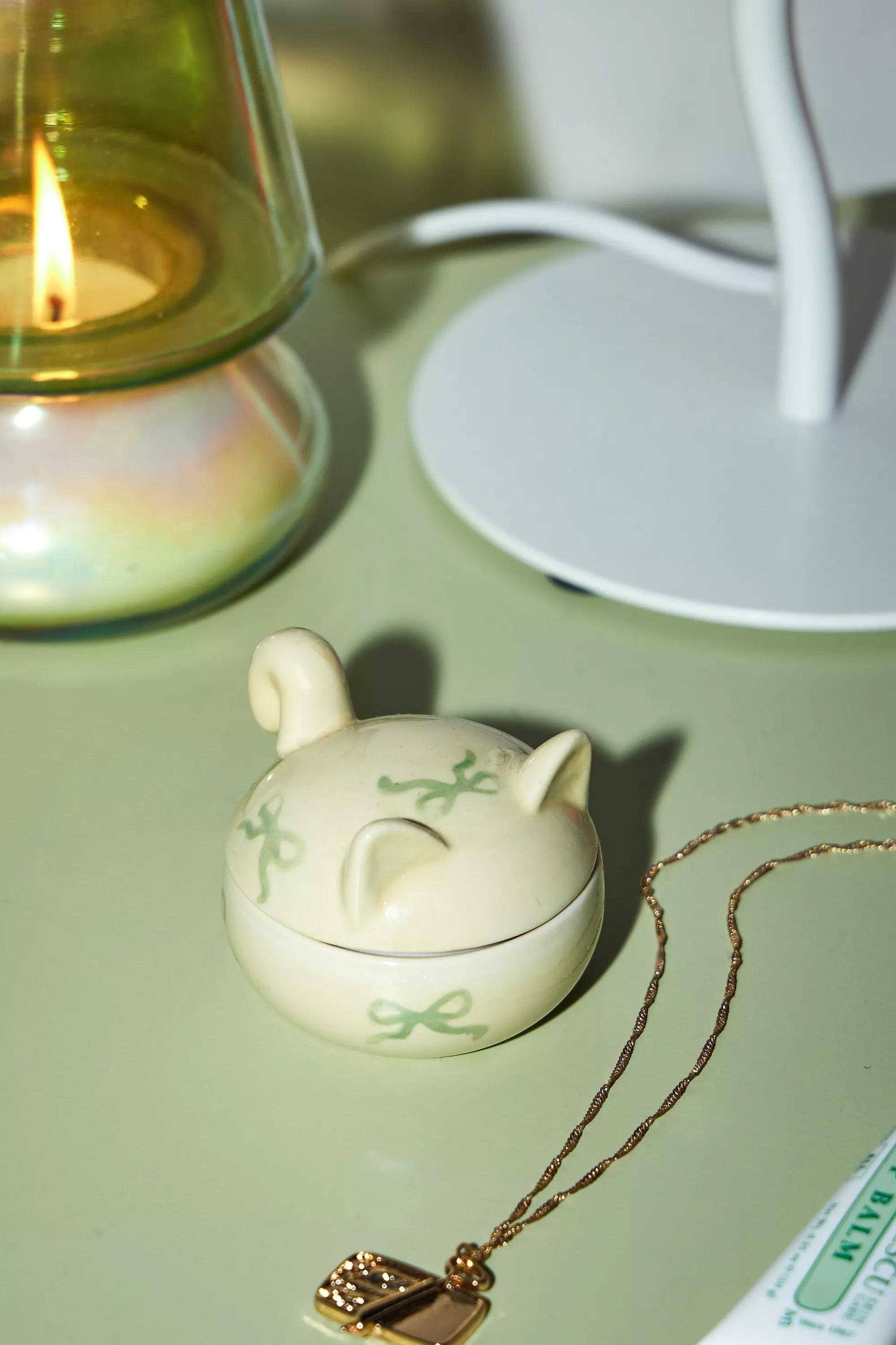 Beige Cat Bow Lid Trinket Box, , medium