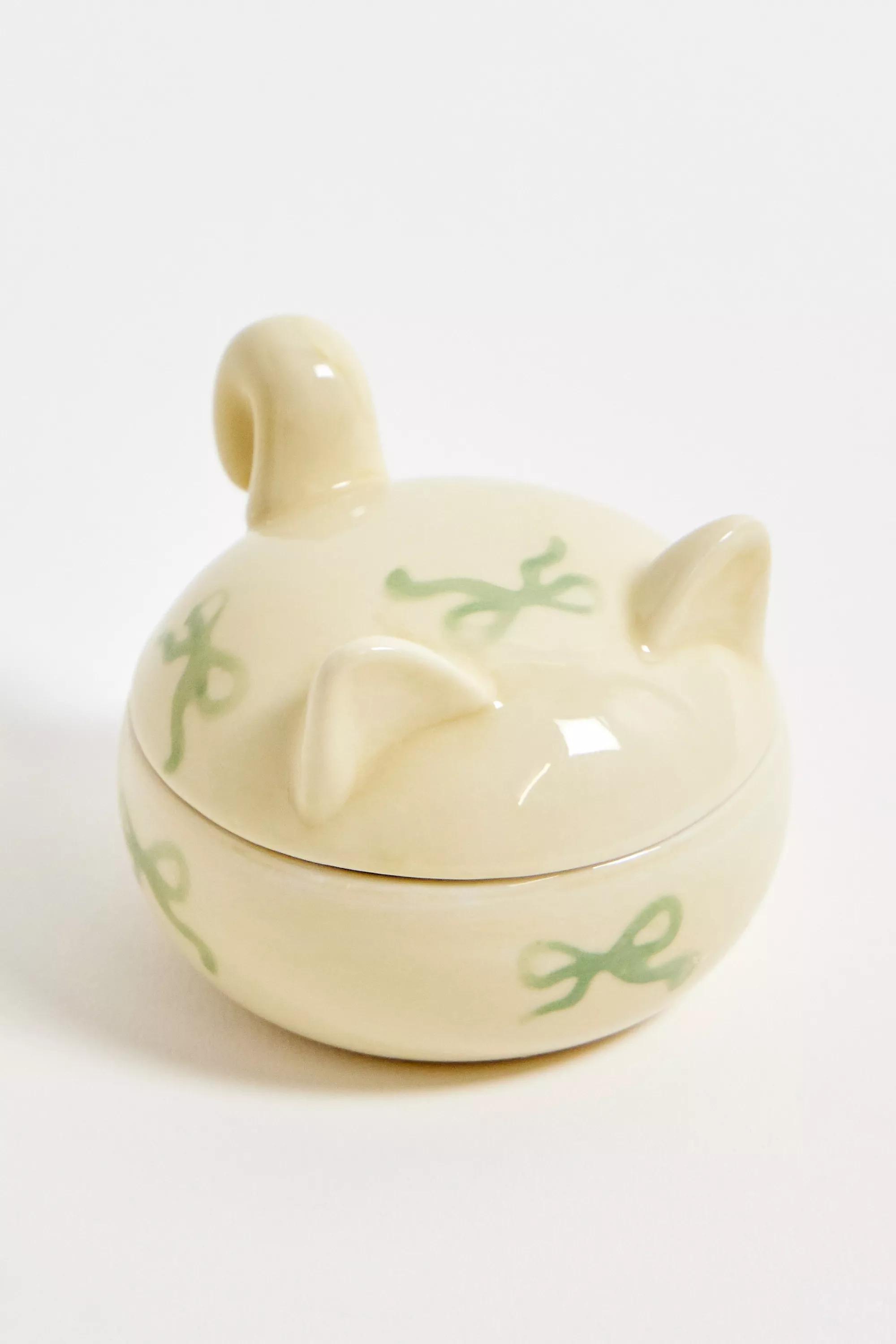 Beige Cat Bow Lid Trinket Box, IVRY, large image number 2
