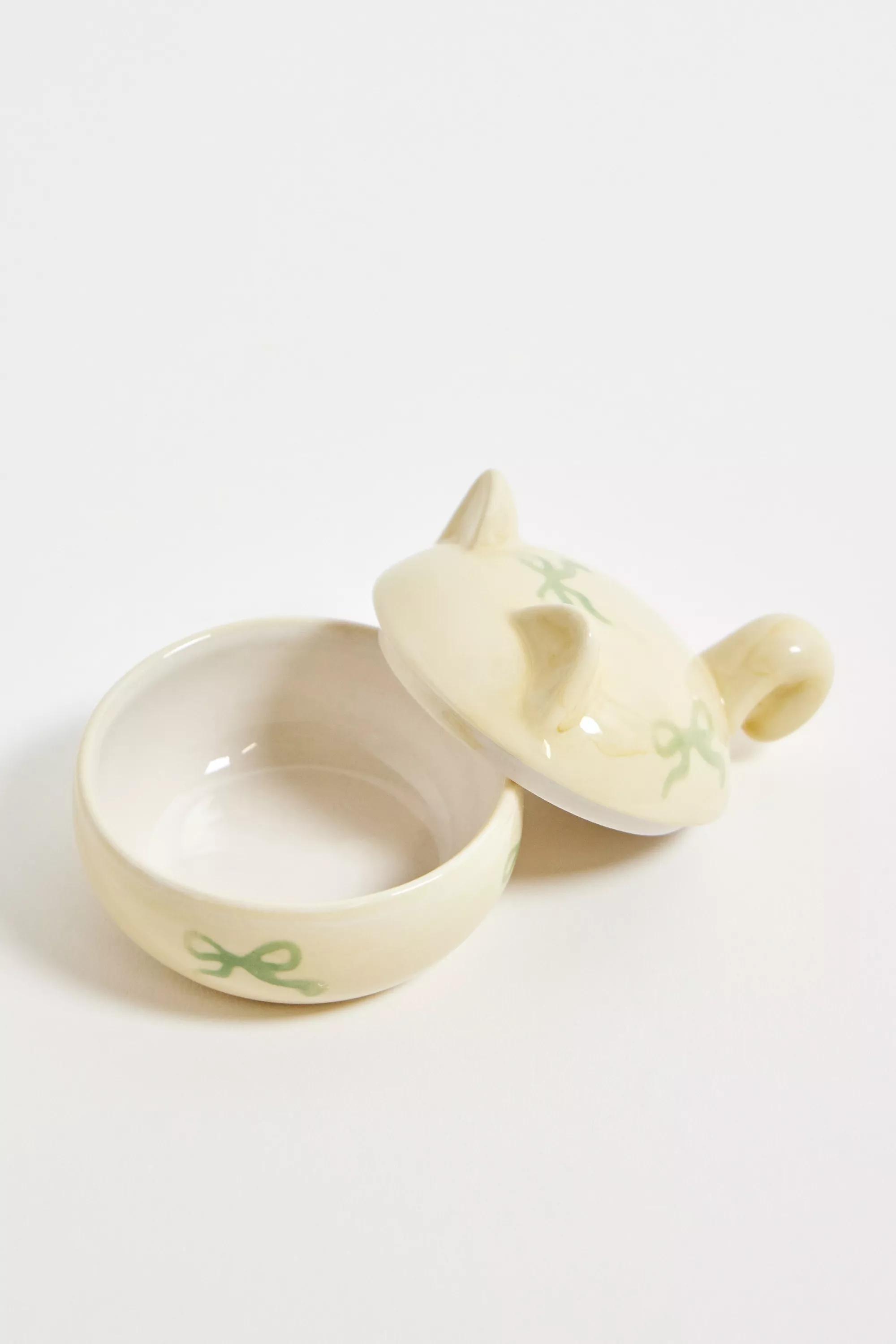 Beige Cat Bow Lid Trinket Box, IVRY, large image number 3