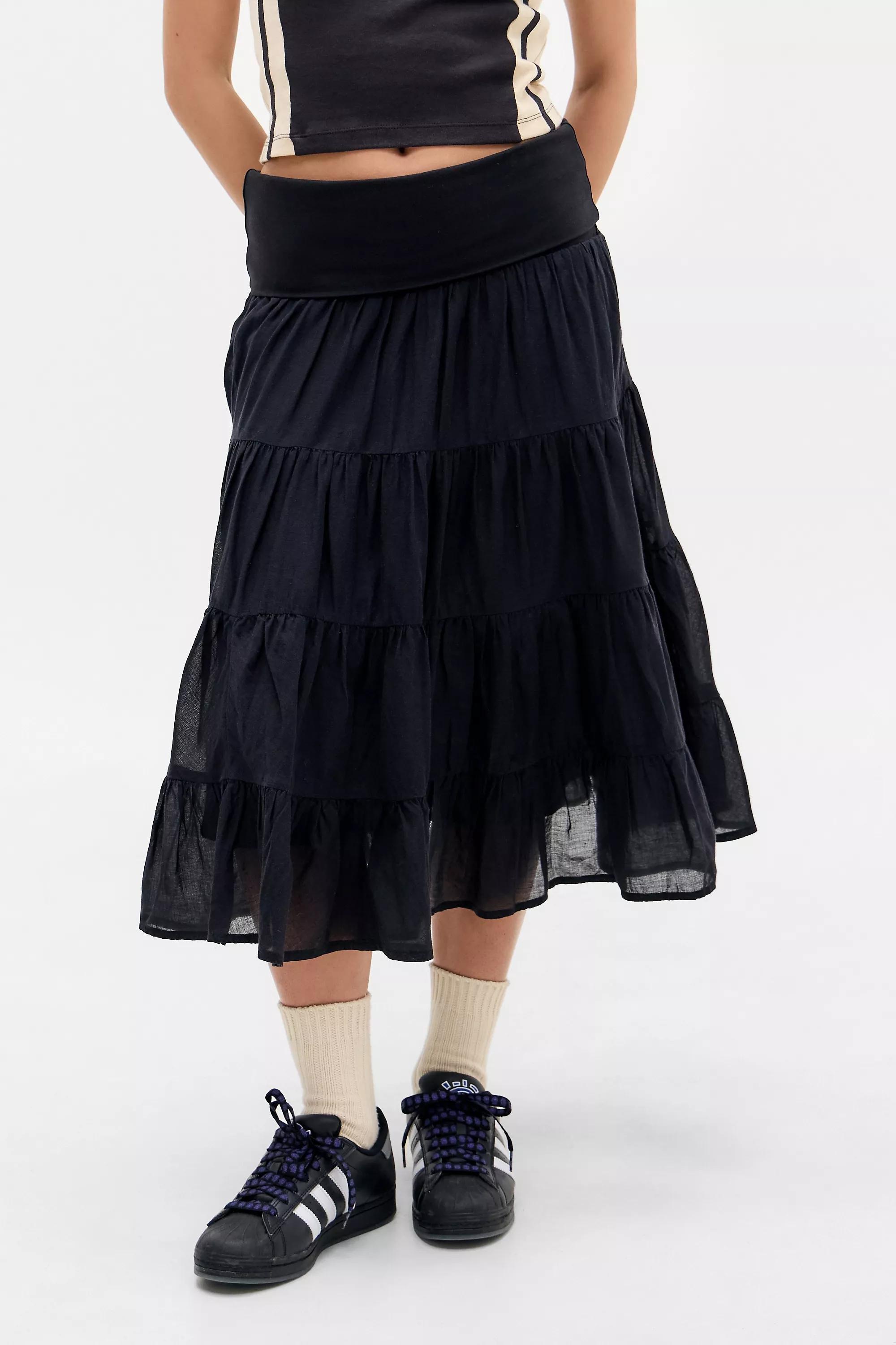 Black Fallon Fold Prairie Midi Skirt, BLK, medium