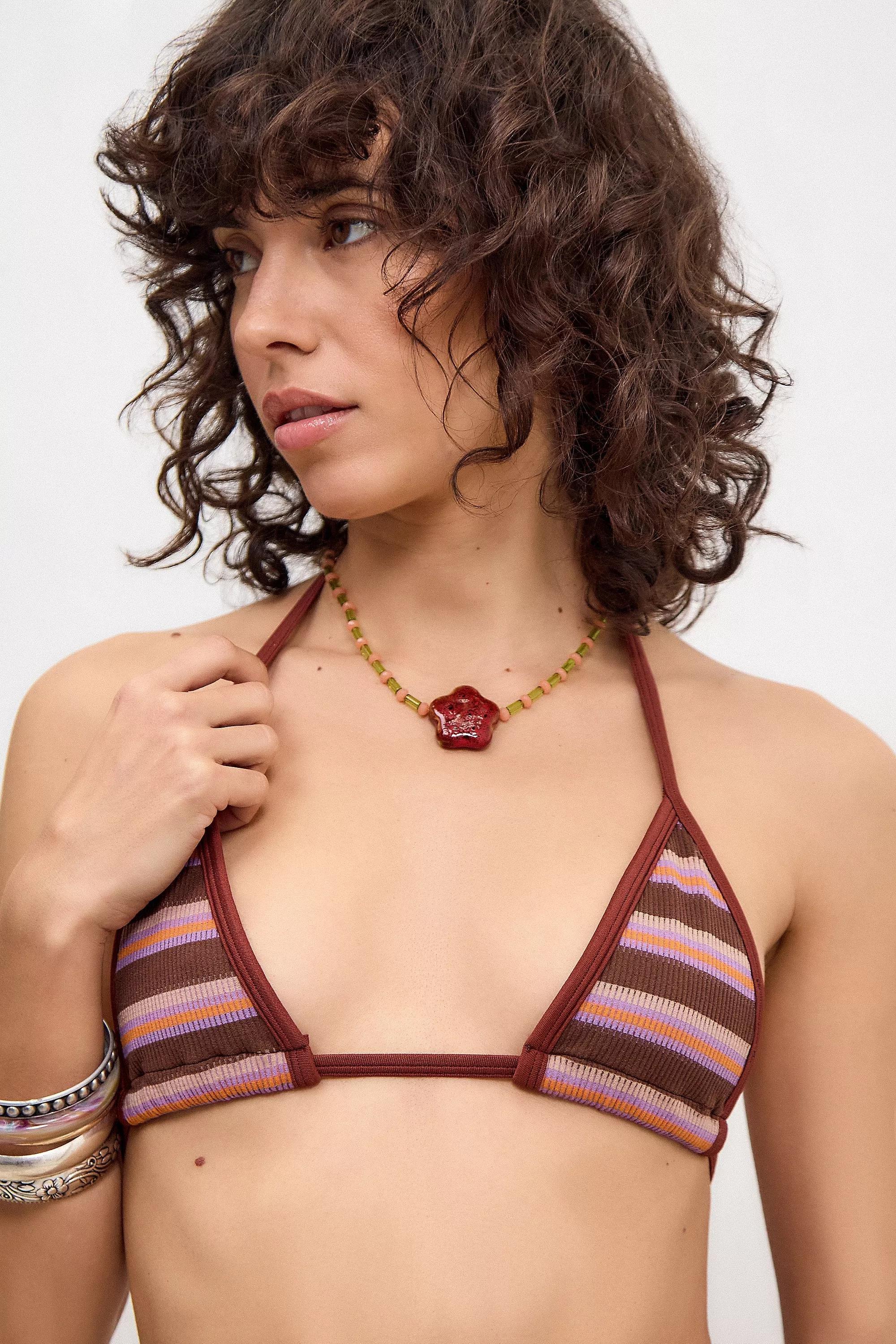 Brown Out From Under Seamless Striped Triangle Bikini Top, BRN, large image number 1