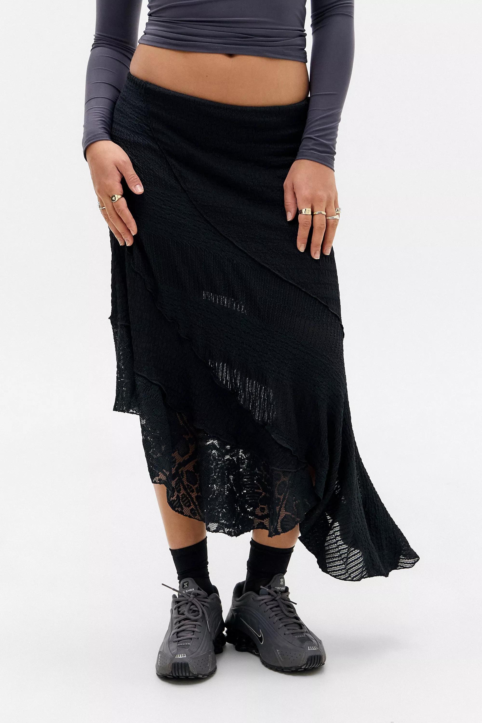 Black Uo Textured Asymmetric Midi Skirt, , large image number 0