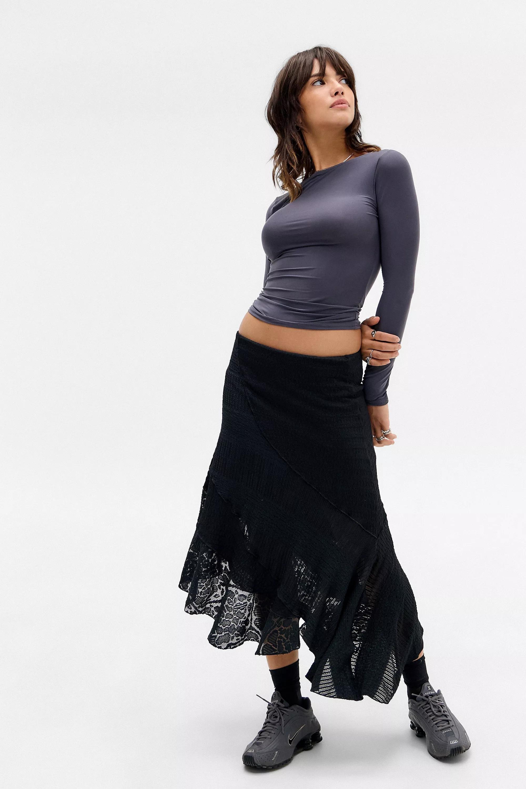 Black Uo Textured Asymmetric Midi Skirt, , large image number 1