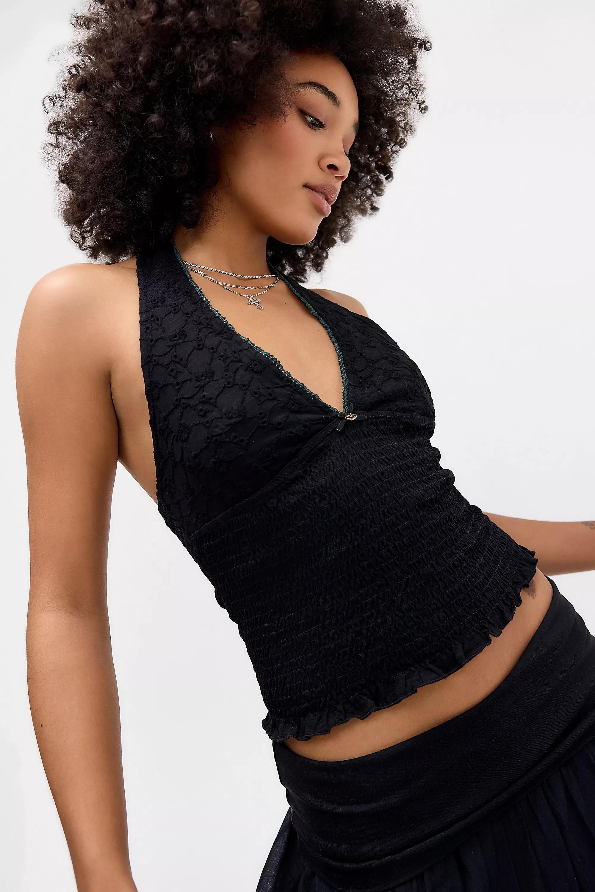 Black Uo Hattie Ruched Halter Top, BLK, medium