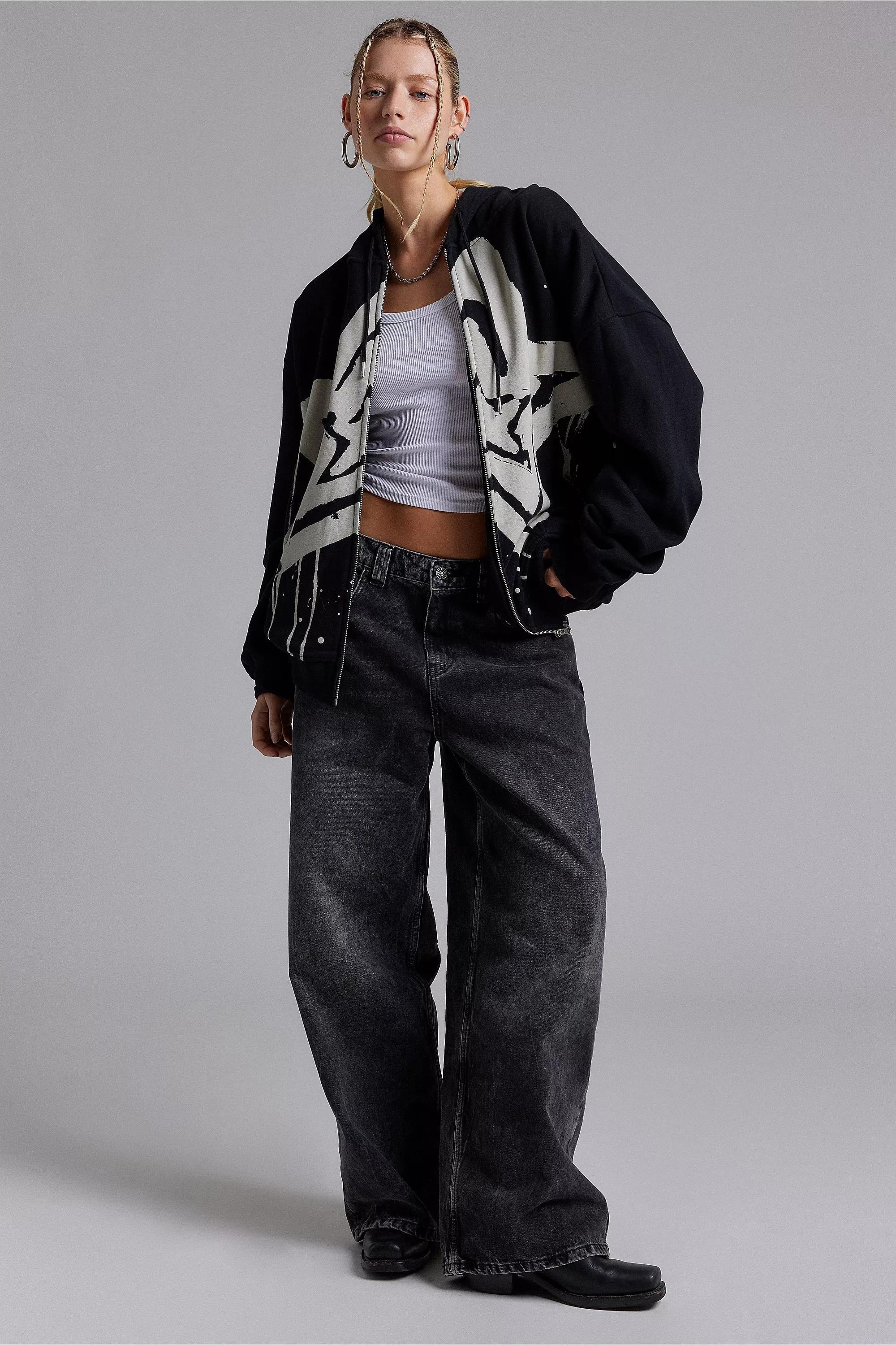 Black Uo Star Zip-Through Hoodie, BLK, large image number 1