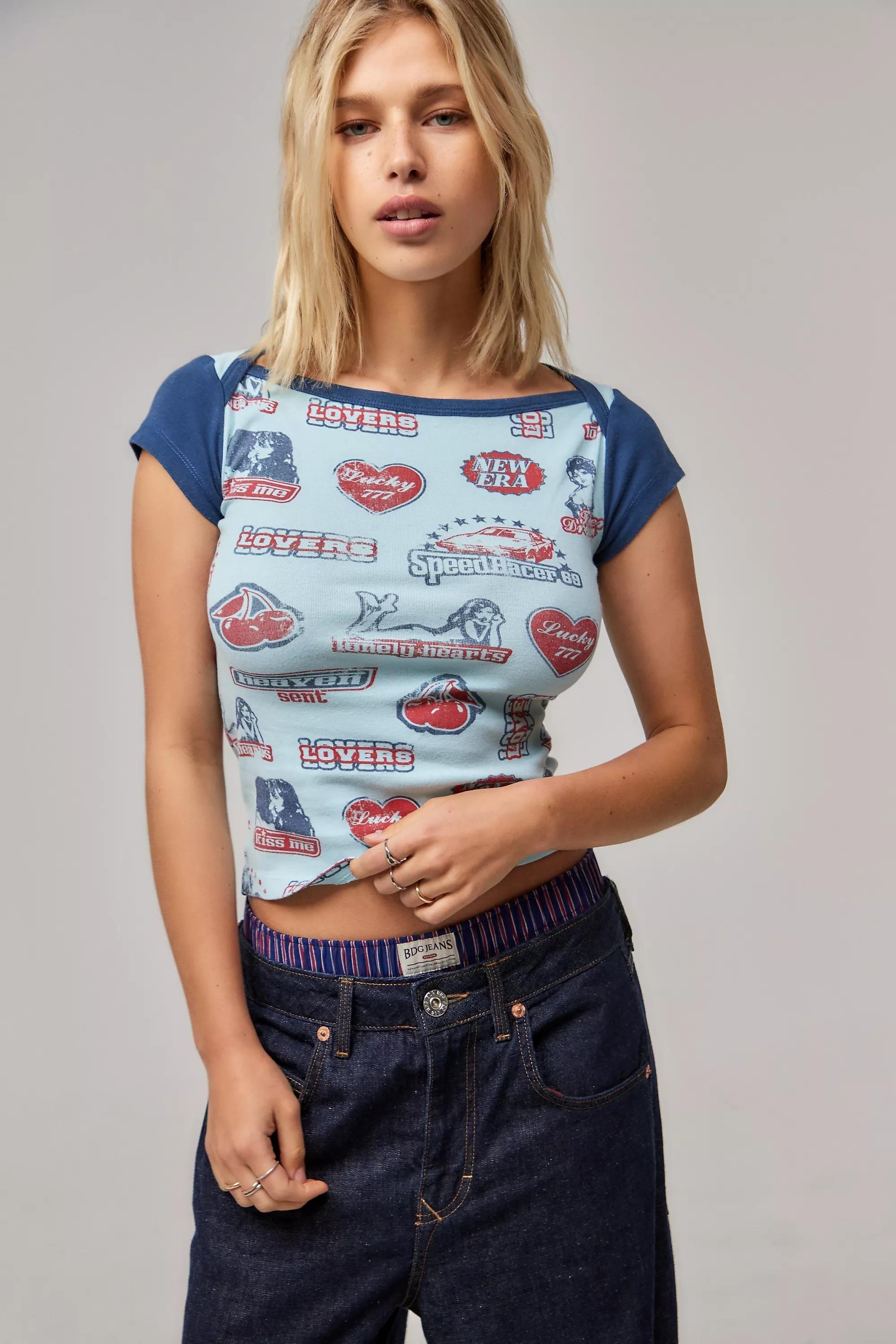 Blue Uo Badge Cap Sleeve T-Shirt, , large image number 0