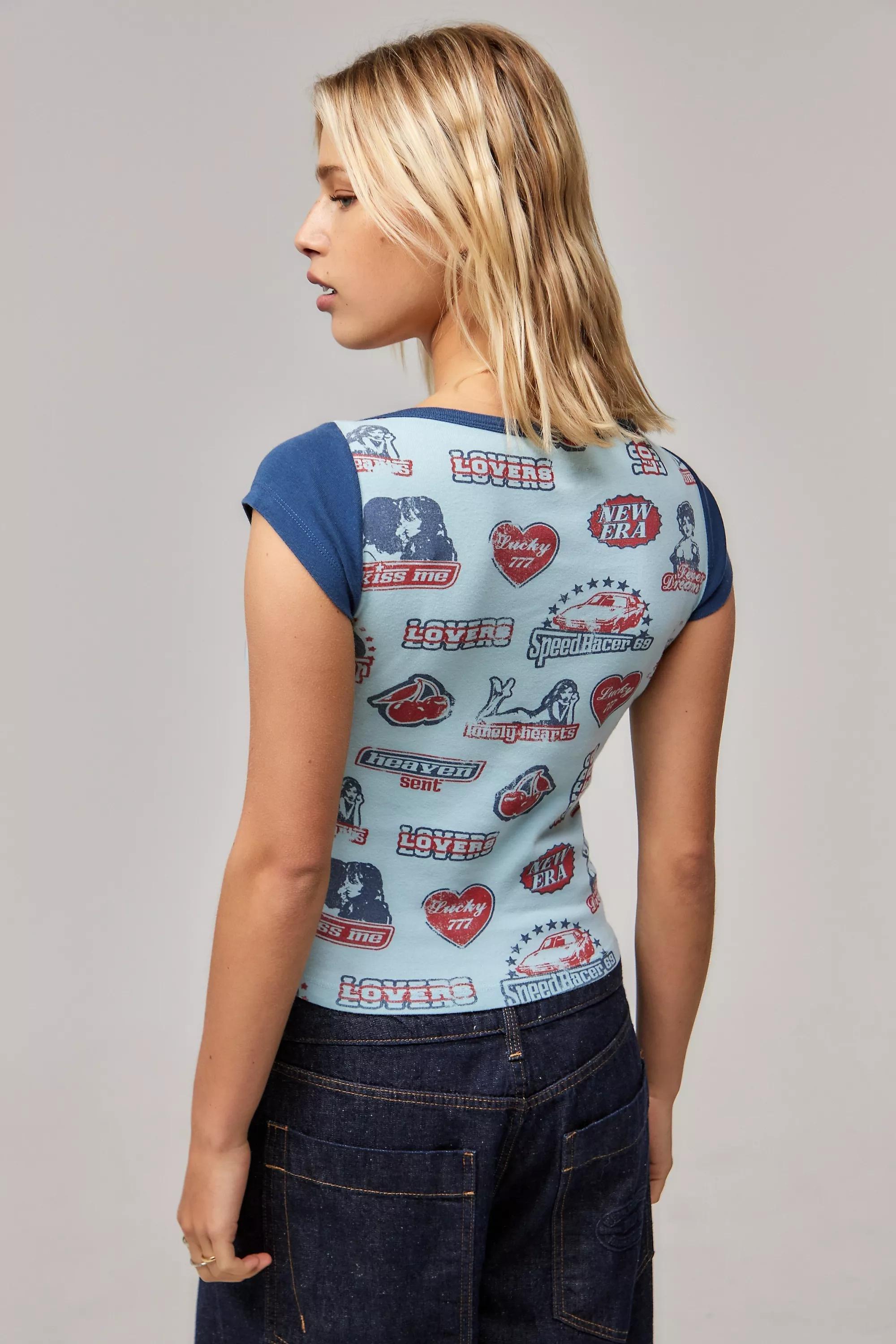 Blue Uo Badge Cap Sleeve T-Shirt, , large image number 3