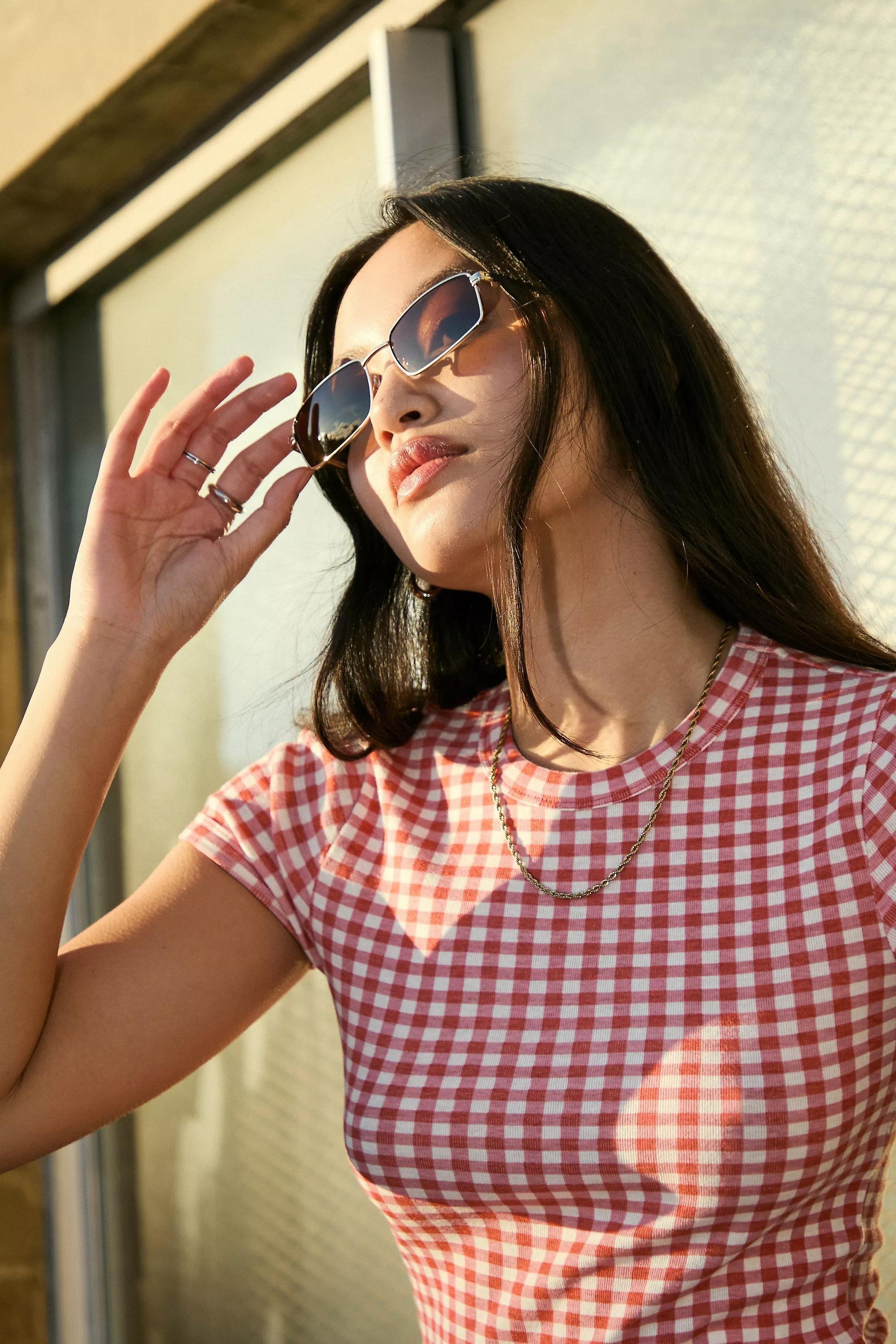 Gold Uo Jen Metal Rectangle Sunglasses, GOLD, large image number 0