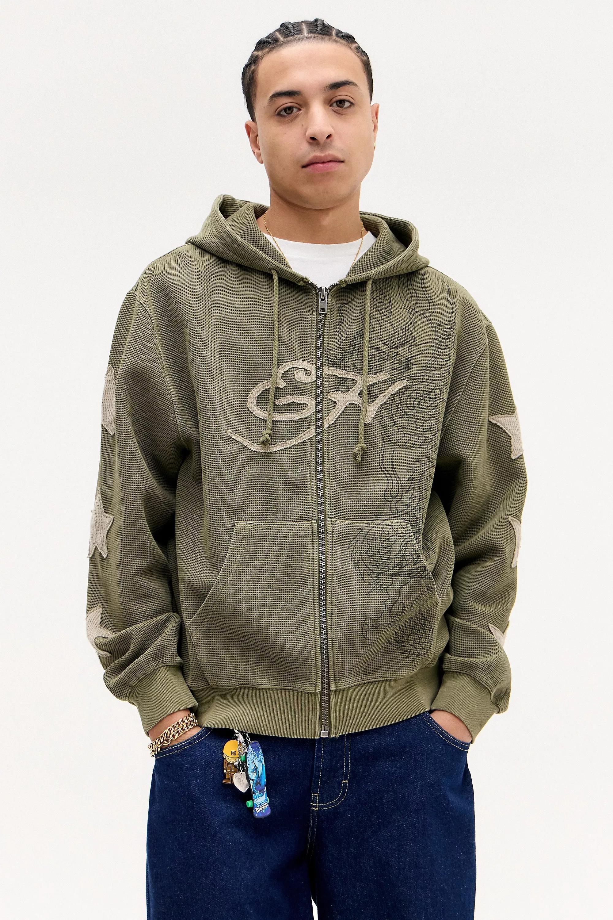 Khaki Ed Hardy Uo Exclusive Khaki Waffle Zip-Through Hoodie, KHAKI, medium