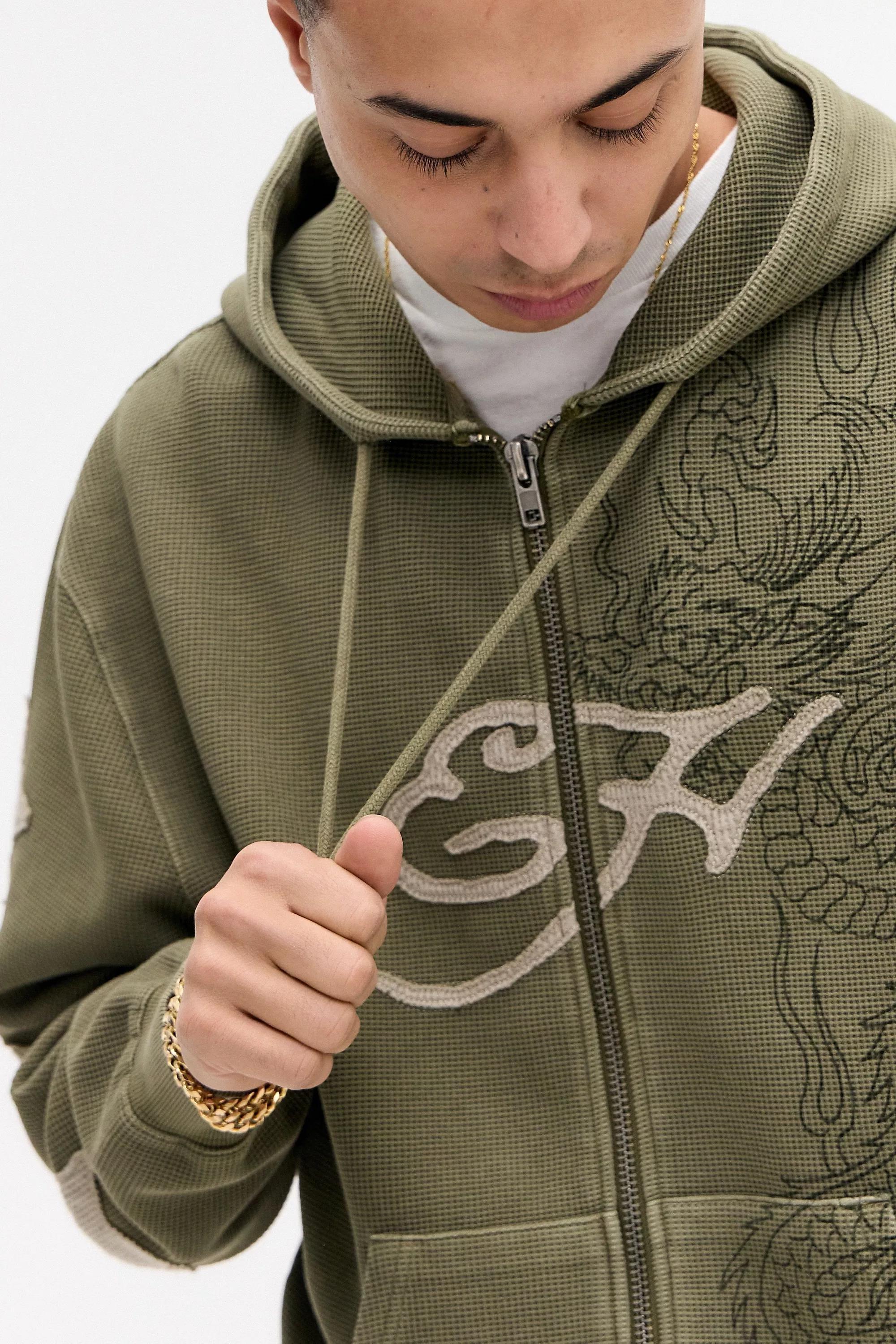 Khaki Ed Hardy Uo Exclusive Khaki Waffle Zip-Through Hoodie, KHAKI, medium