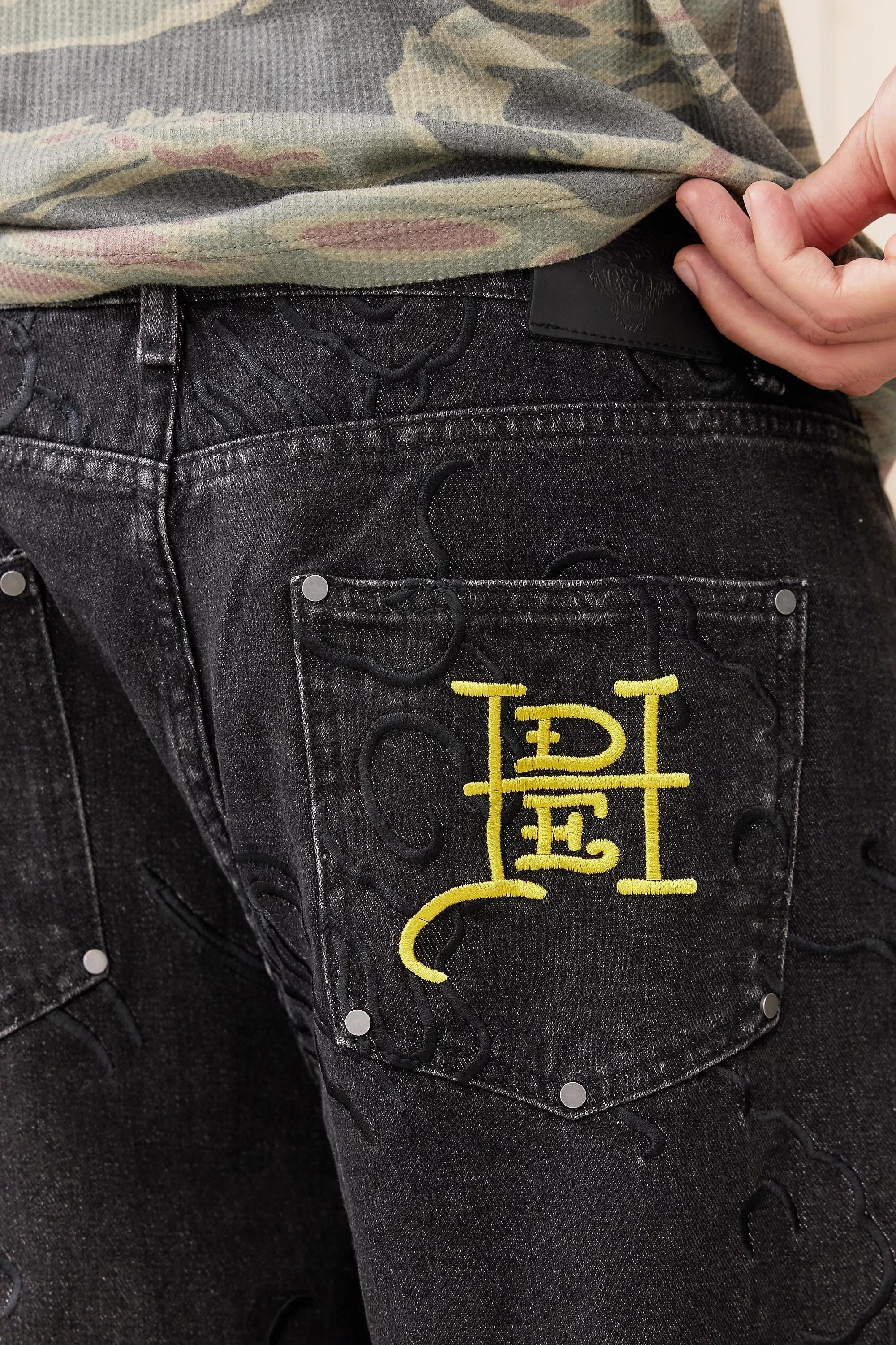 BLACK Ed Hardy UO Exclusive All-Over Embroidered Jeans, BLK, large image number 3