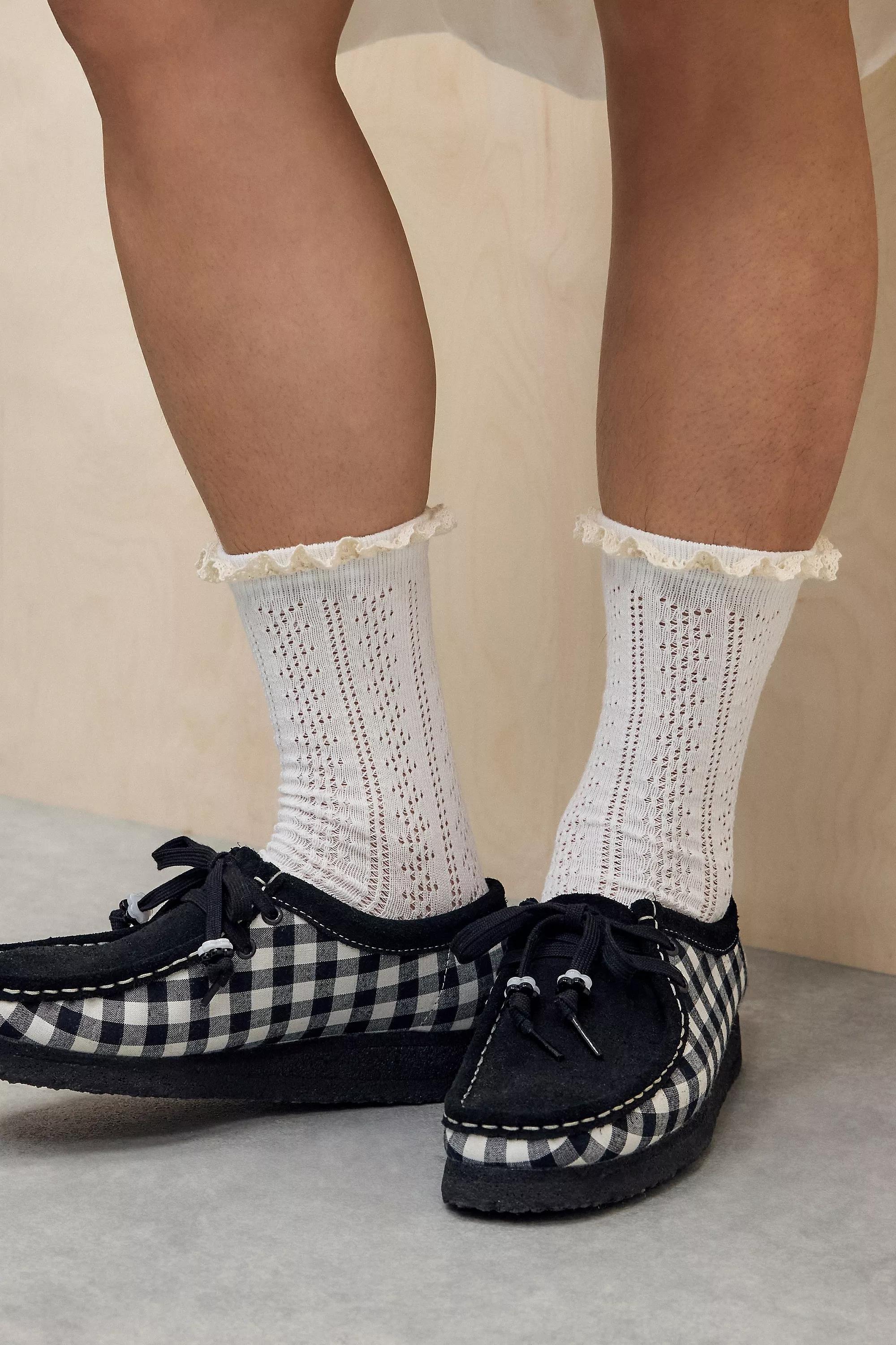 White Uo Pointelle Frill Socks, WHT, large image number 1