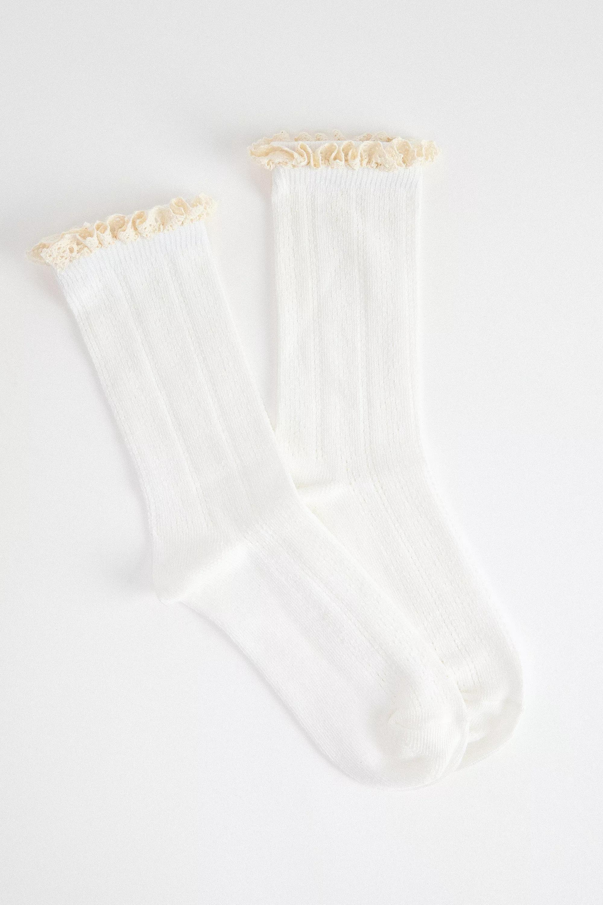 White Uo Pointelle Frill Socks, WHT, large image number 2
