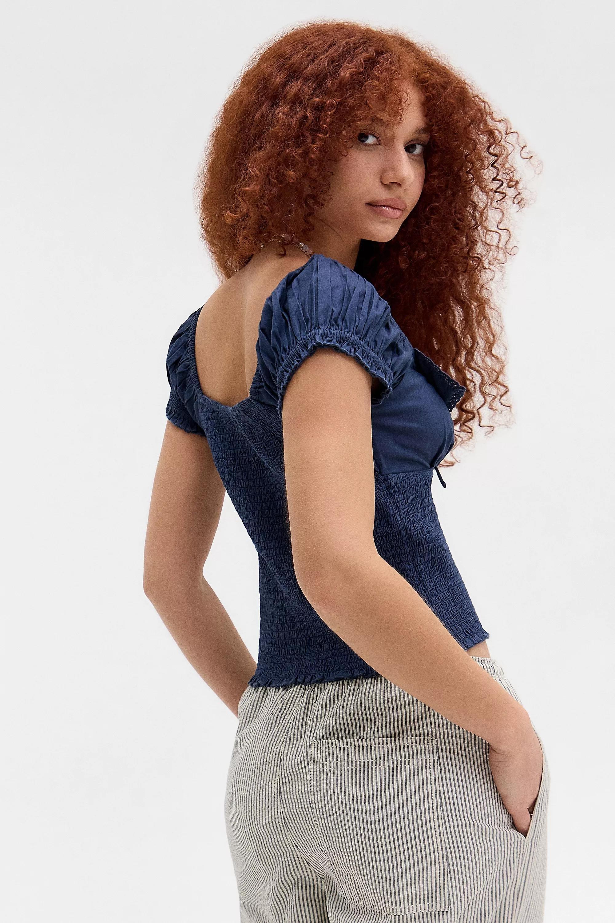 Navy Kimchi Blue Cameron Poplin Embroidered Blouse, , large image number 3