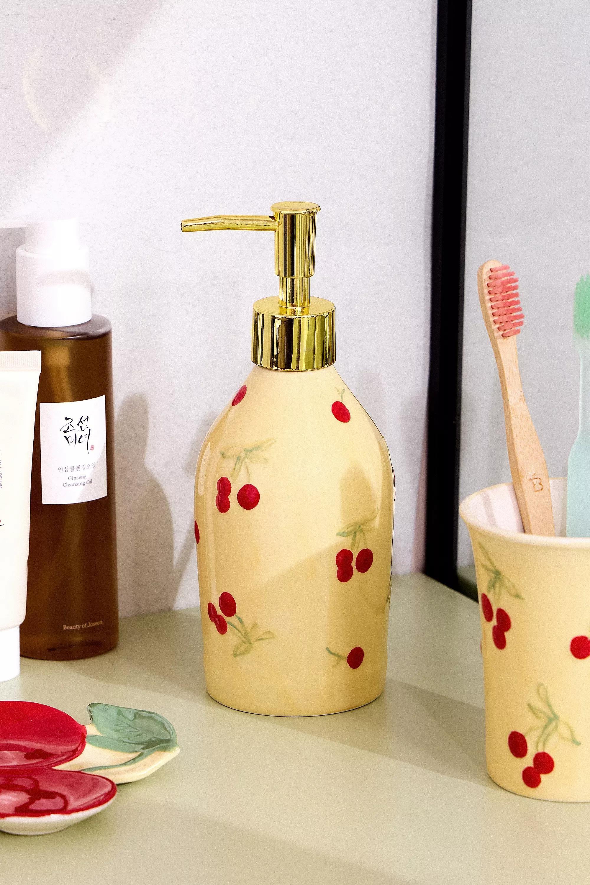 Red Painted Cherry Soap Dispenser, RED, large image number 0