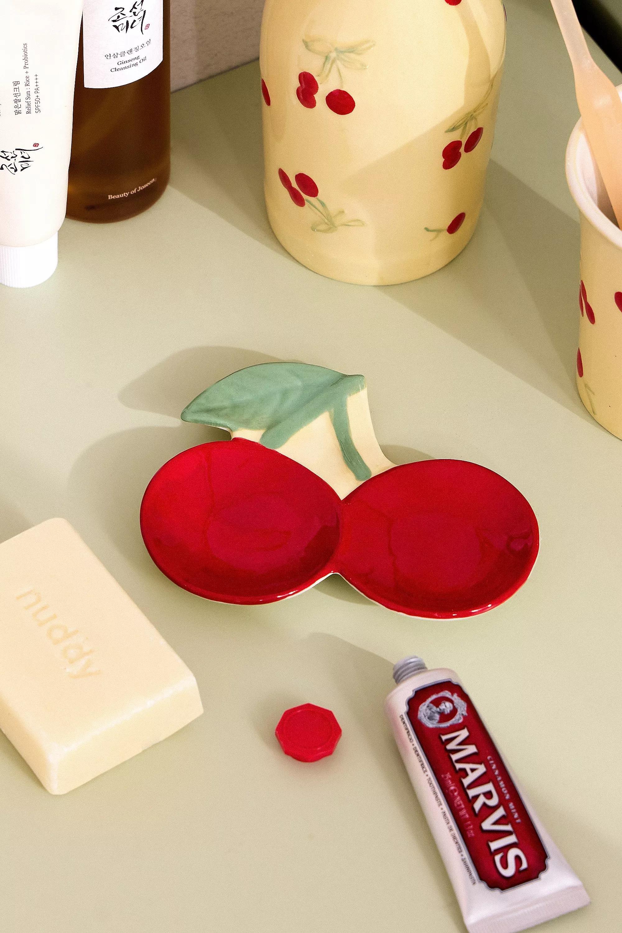 Red Painted Cherry Soap Dish, RED, large image number 0