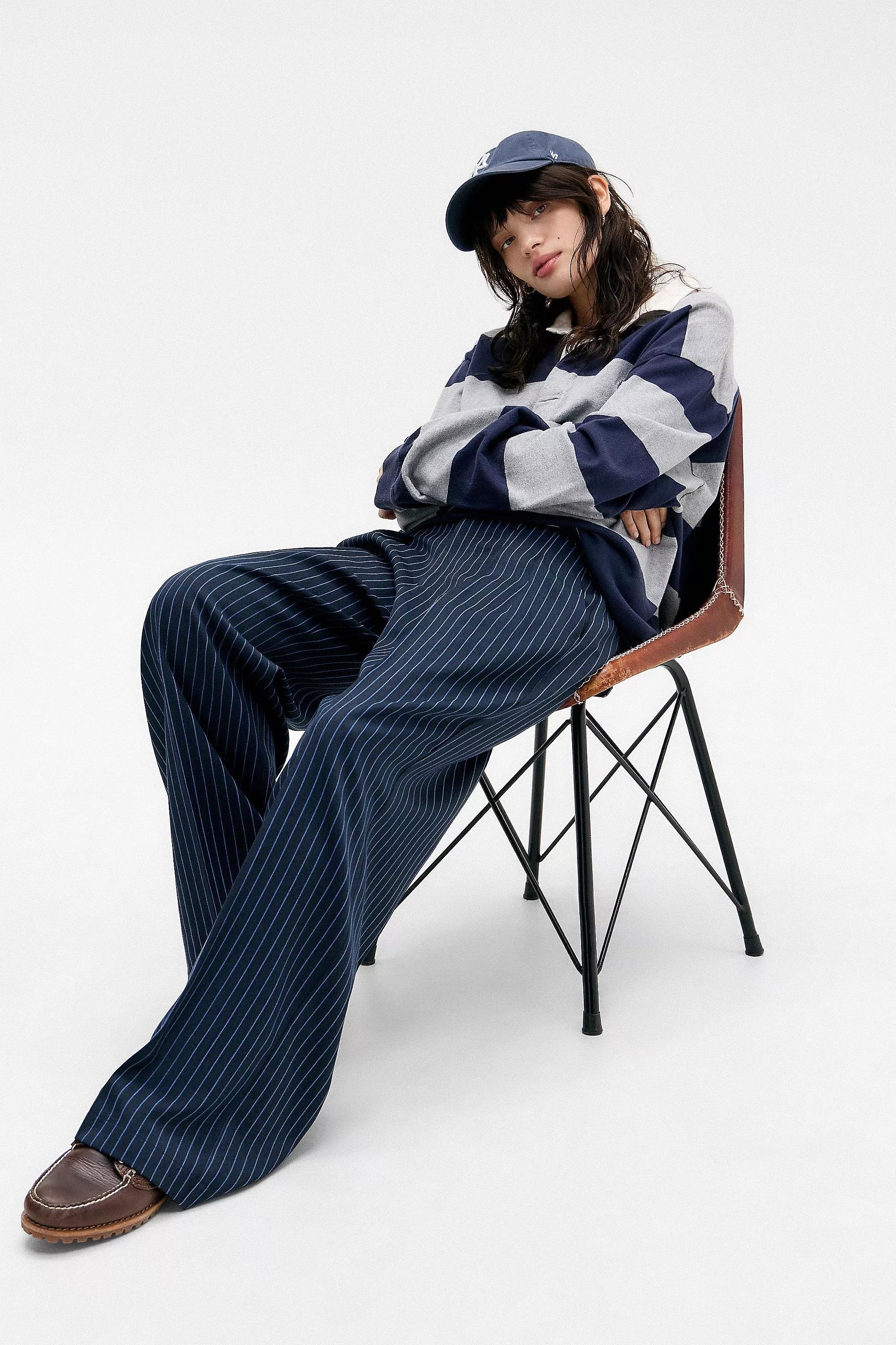 Navy Archive At Uo Pinstripe Low Rise Trousers, , large image number 3