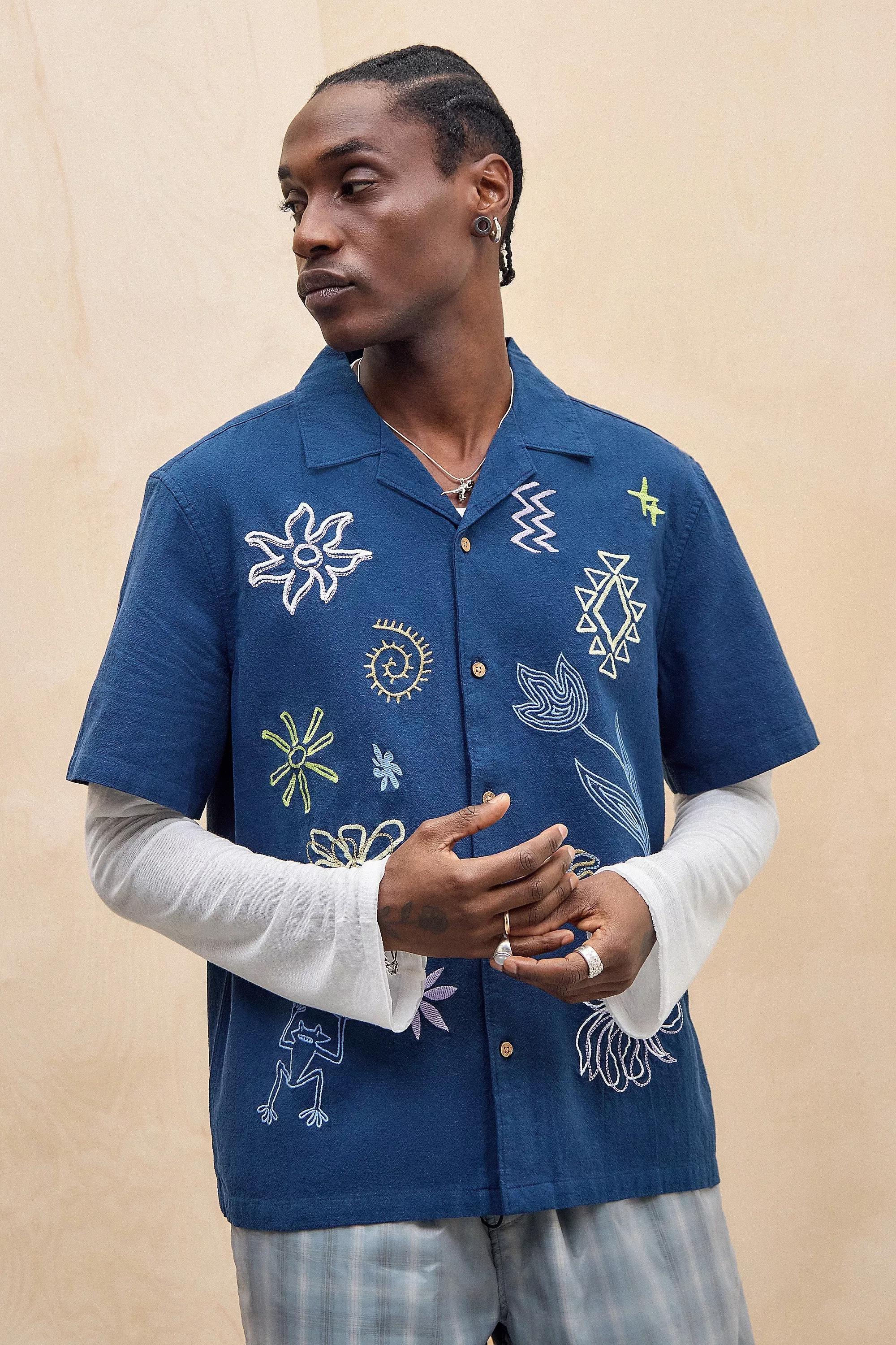 Blue Uo Embroidered Slub Shirt, , large image number 0