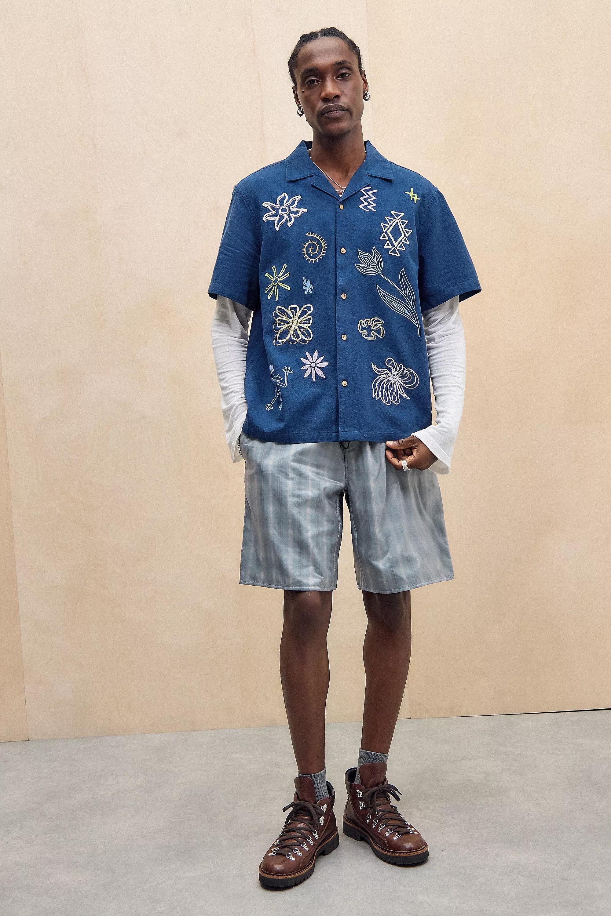 Blue Uo Embroidered Slub Shirt, , large image number 1